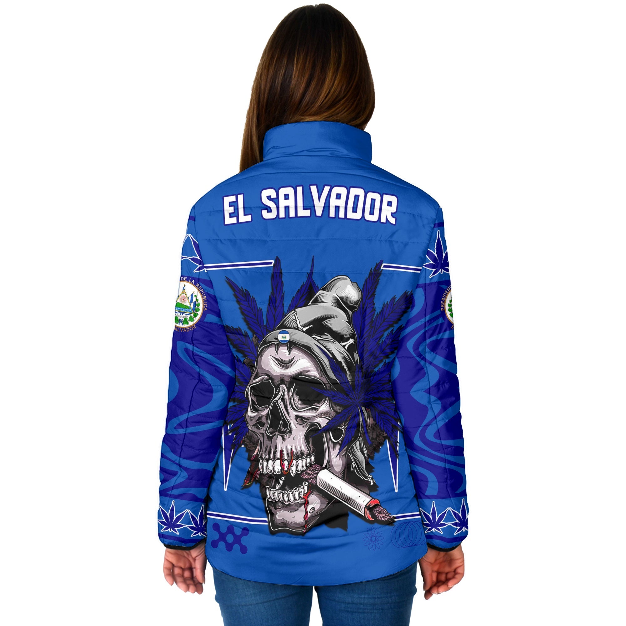 El Salvador Women Padded Jacket Flag & Coat Of Arms Marijuanas Style