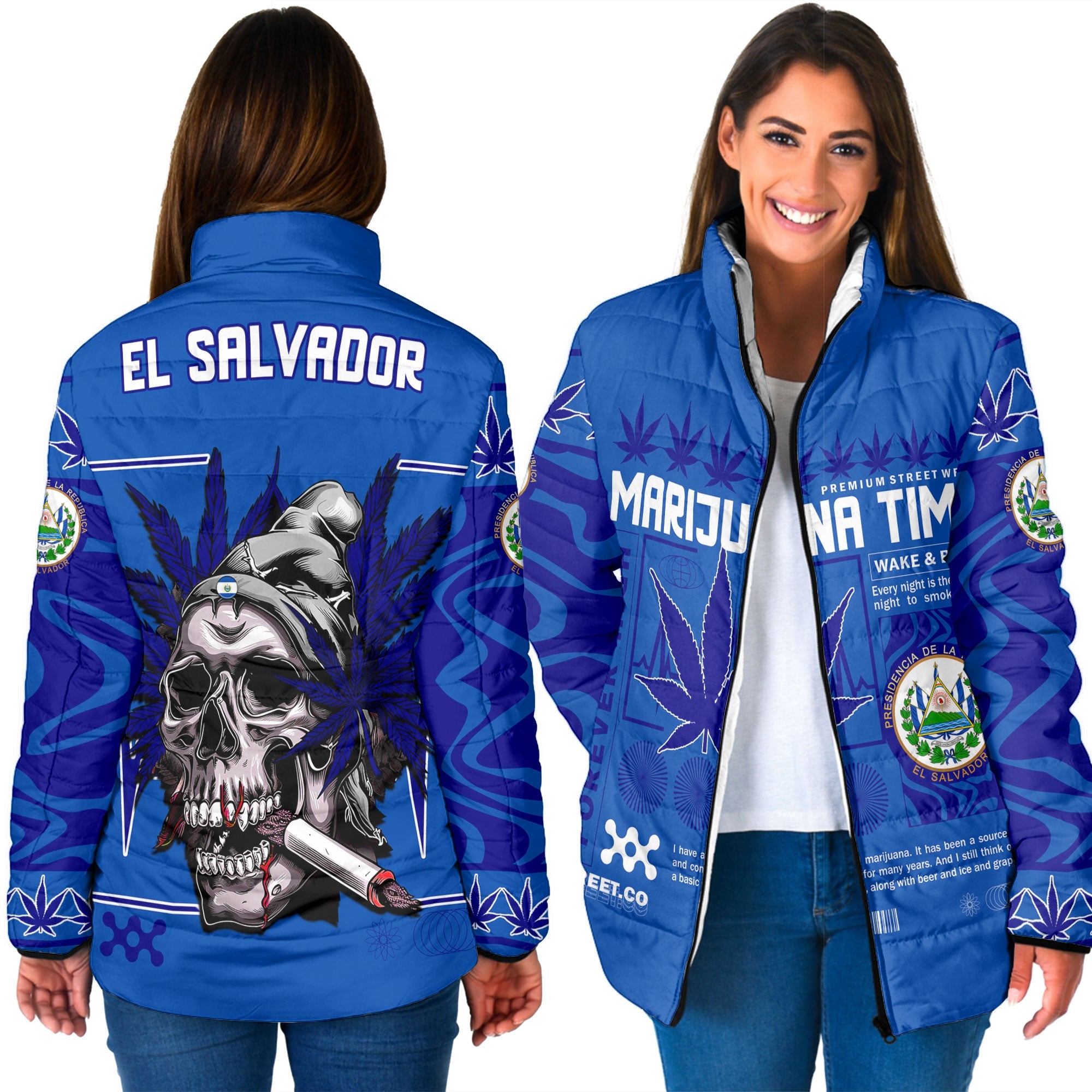 El Salvador Women Padded Jacket Flag & Coat Of Arms Marijuanas Style