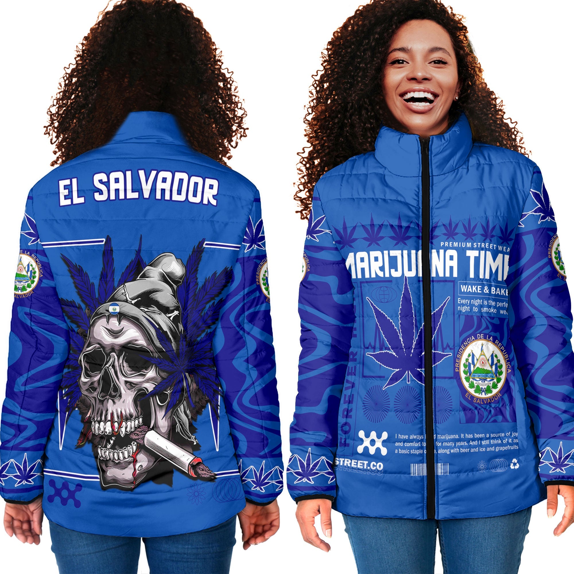 El Salvador Women Padded Jacket Flag & Coat Of Arms Marijuanas Style