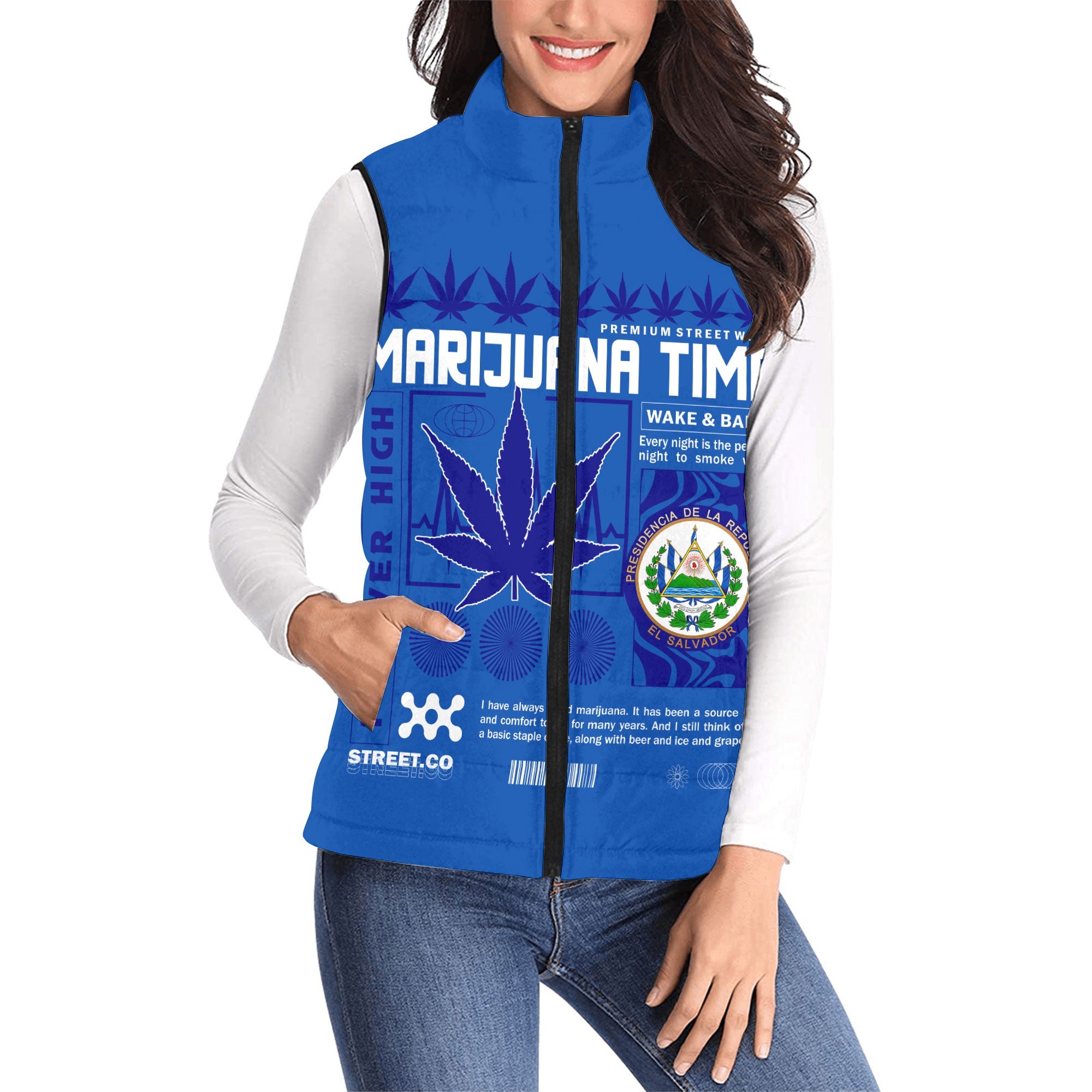 El Salvador Women Padded Jacket Vest Flag & Coat Of Arms Marijuanas Style