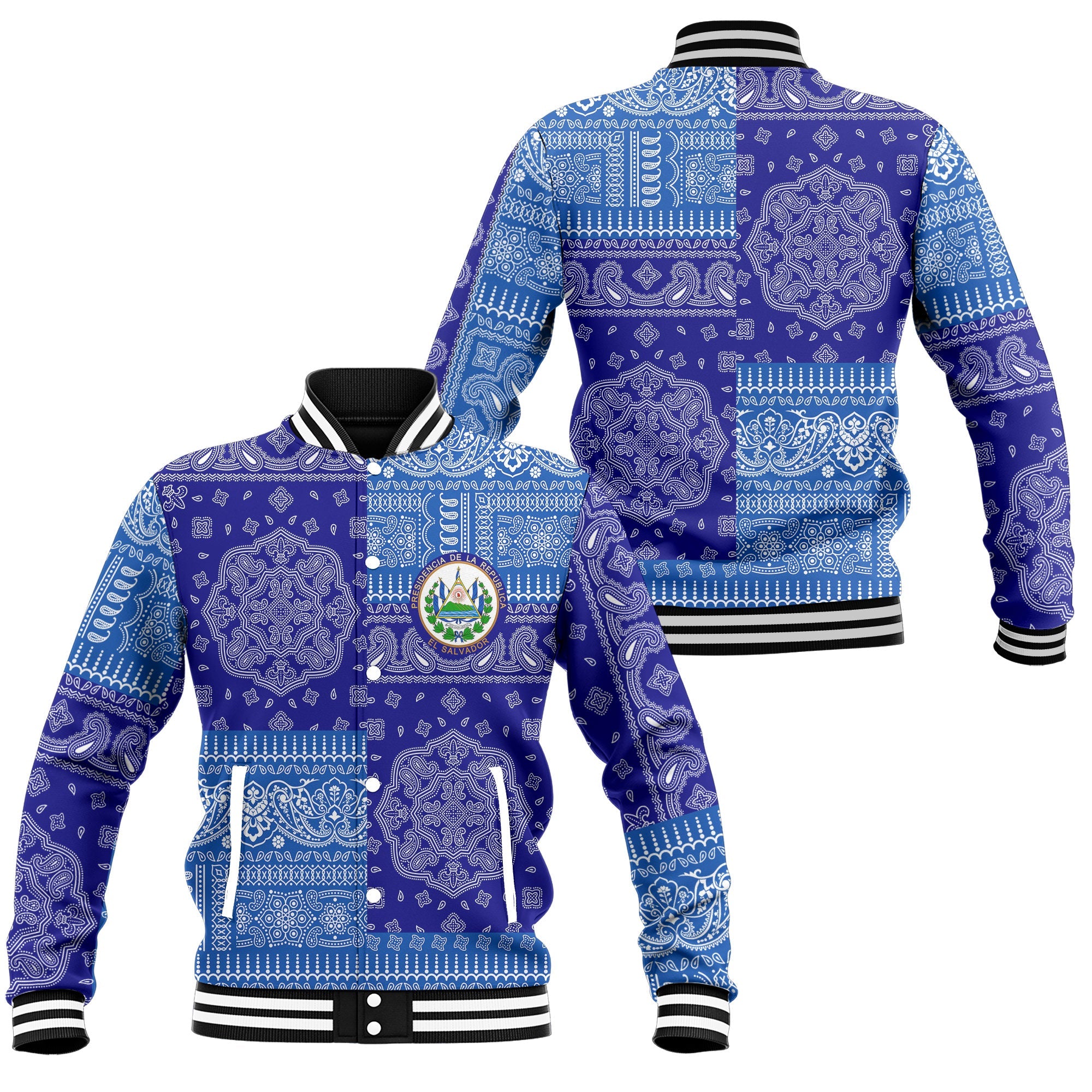 El Salvador Baseball Jacket Flag And Paisley Basic Style 1