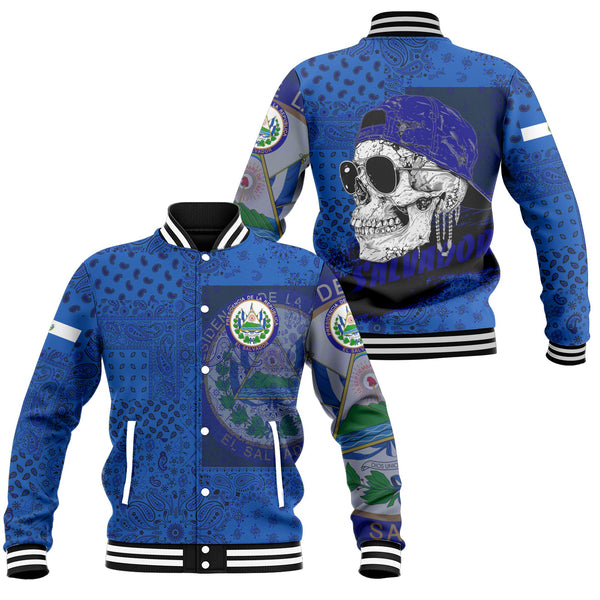 El Salvador Baseball Jacket Paisley Flag And Skull Style 1