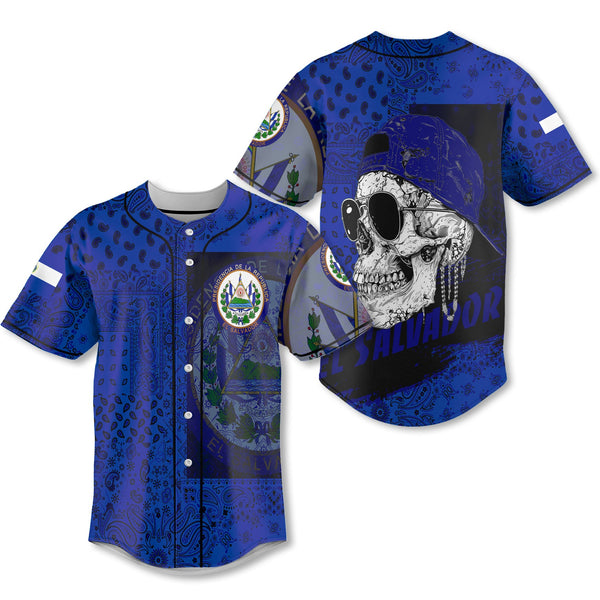 El Salvador Baseball Jersey Paisley Flag And Skull Style 1