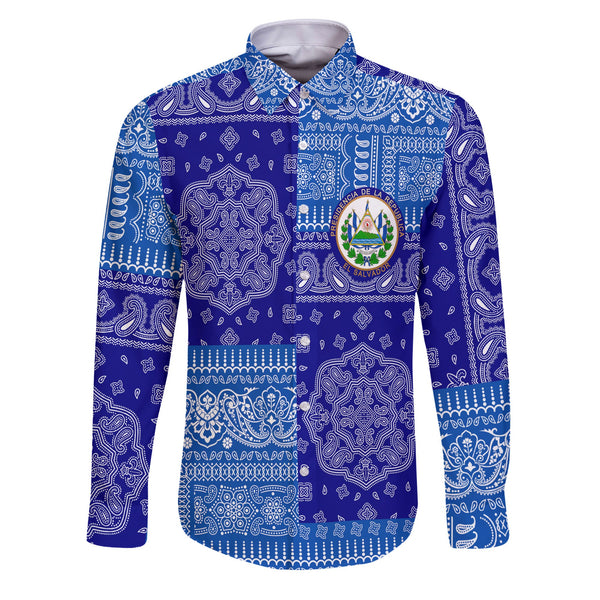 El Salvador Long Sleeve Button Shirt Flag And Paisley Basic Style 1