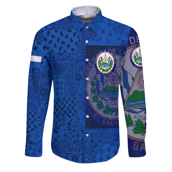 El Salvador Long Sleeve Button Shirt Paisley Flag And Skull Style 1