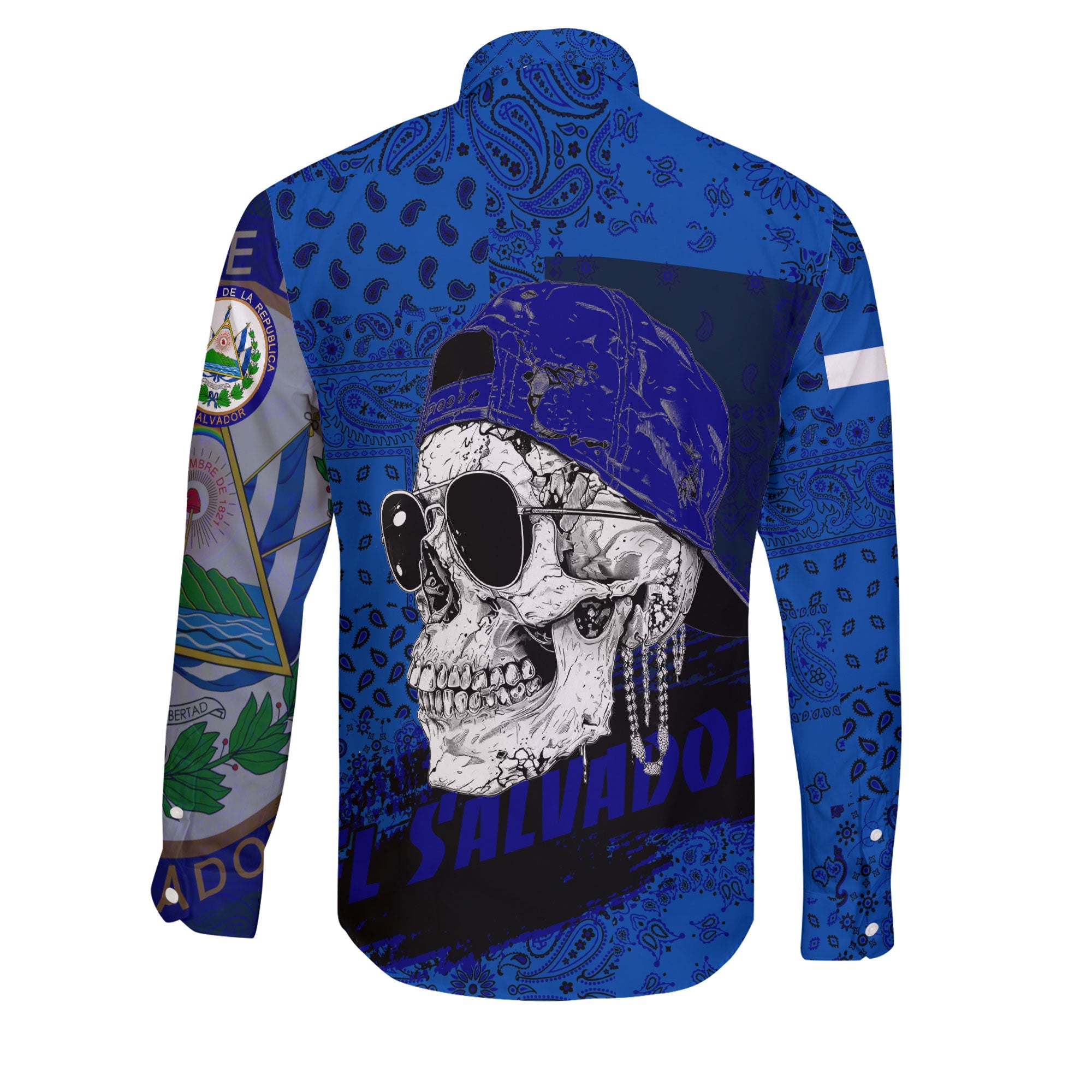 El Salvador Long Sleeve Button Shirt Paisley Flag And Skull Style 2