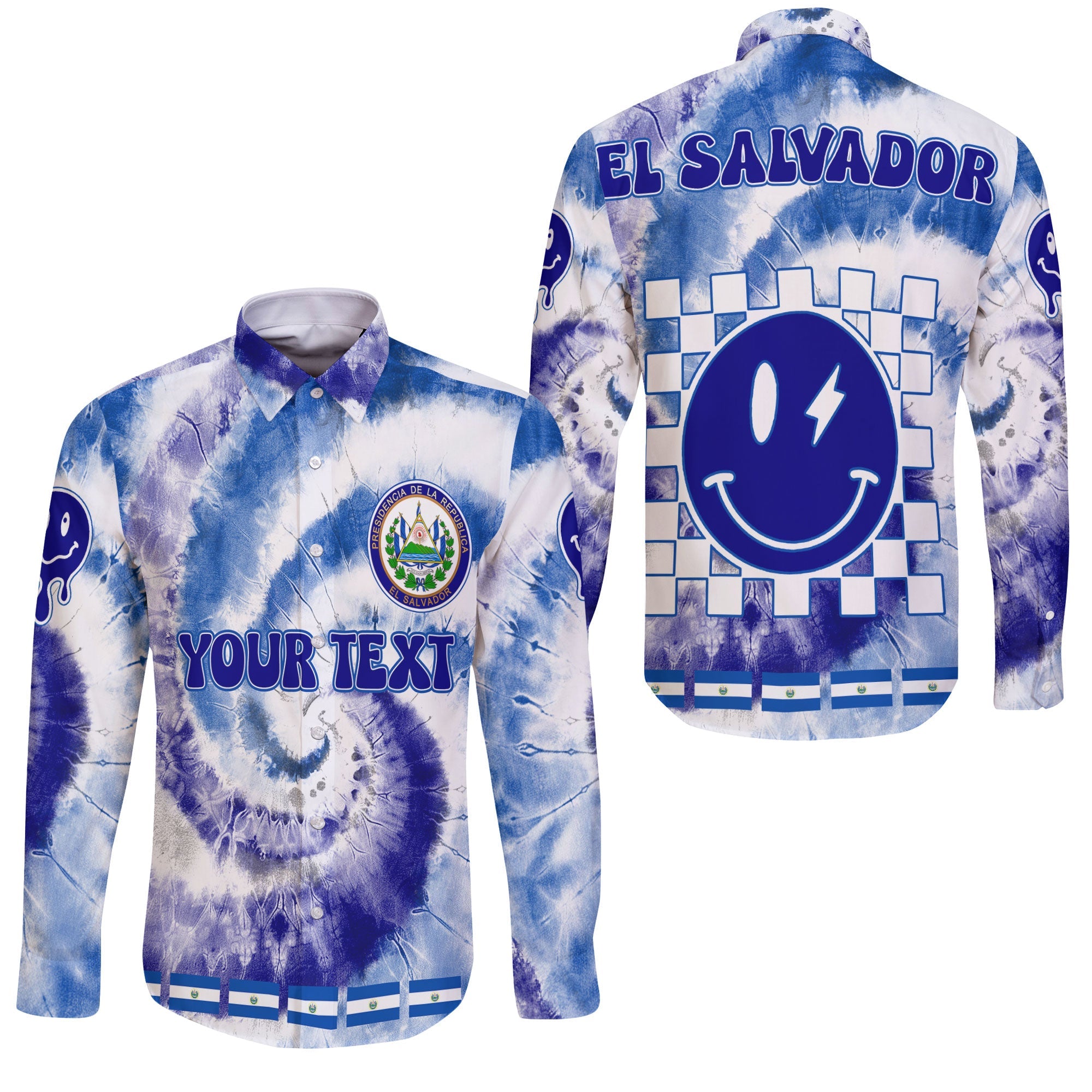 El Salvador Long Sleeve Button Shirt Custom Tie Dye Style 3