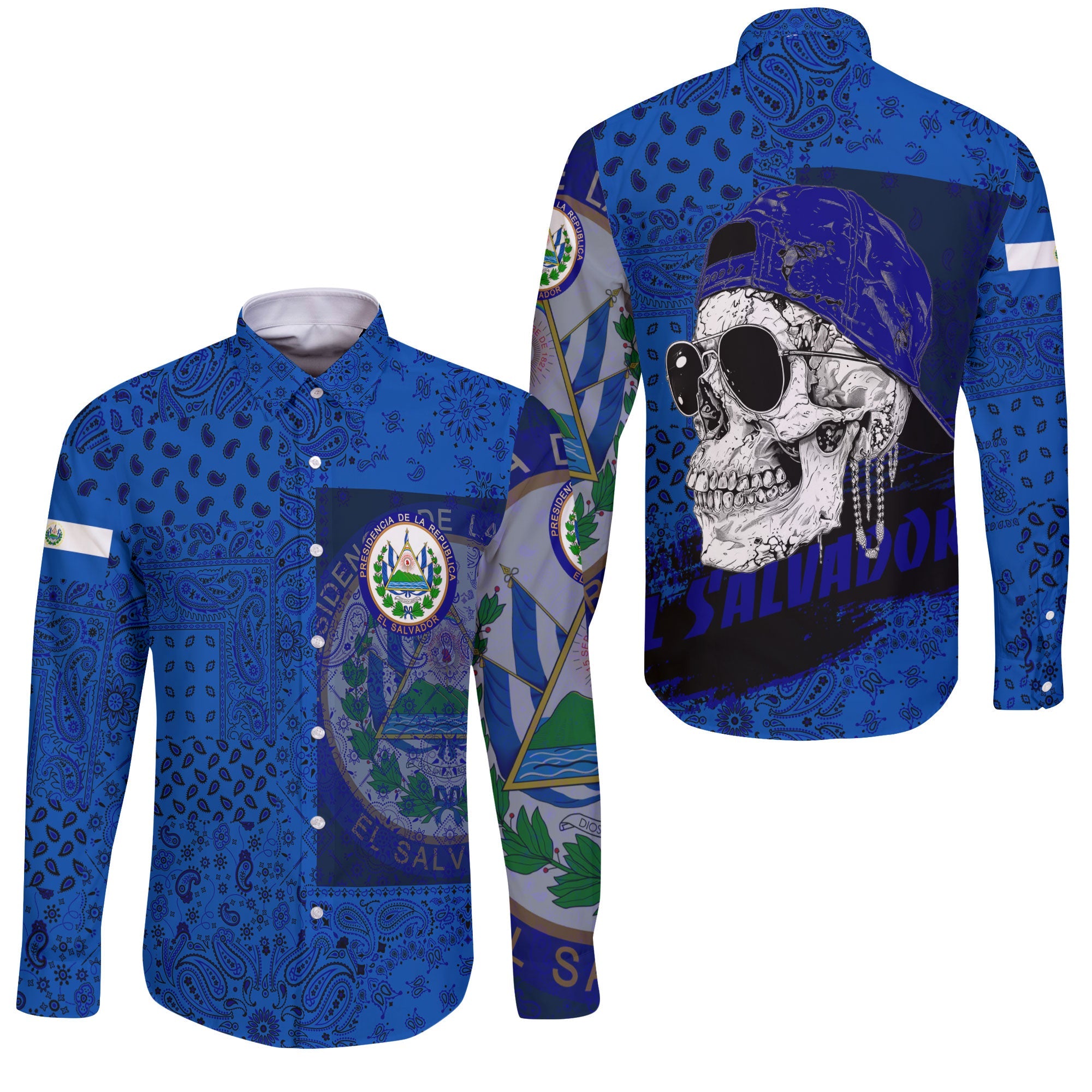 El Salvador Long Sleeve Button Shirt Paisley Flag And Skull Style 3