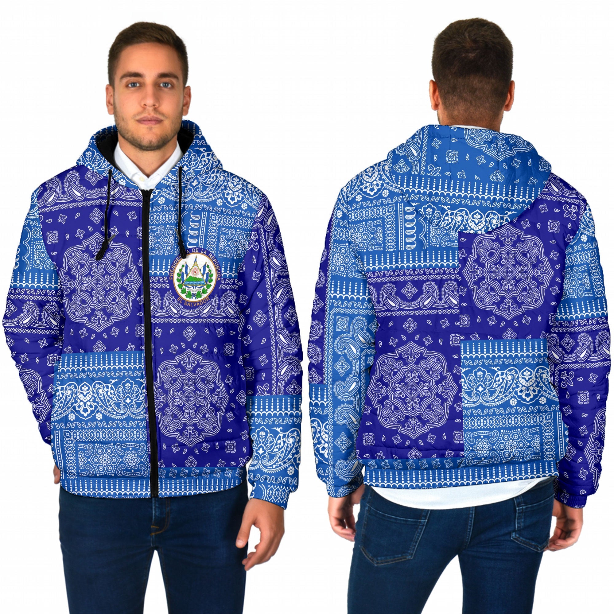 El Salvador Men Hooded Padded Jacket Flag And Paisley Basic Style 1