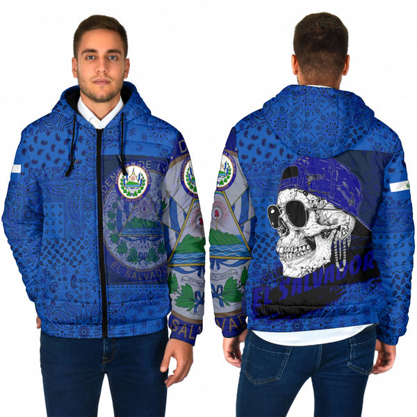 El Salvador Men Hooded Padded Jacket Paisley Flag And Skull Style 1