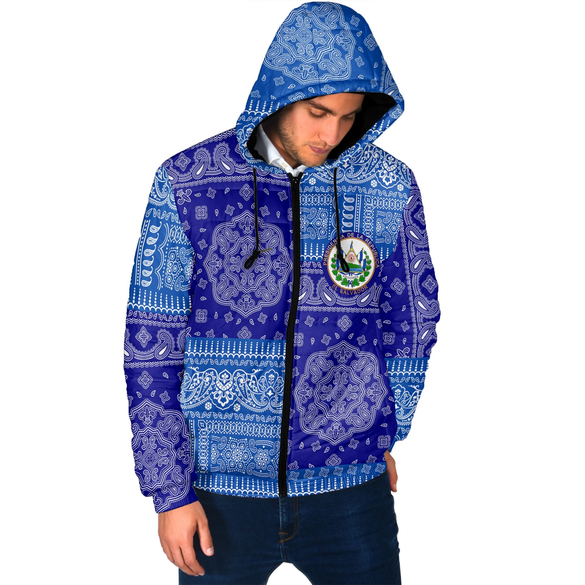 El Salvador Men Hooded Padded Jacket Flag And Paisley Basic Style 2