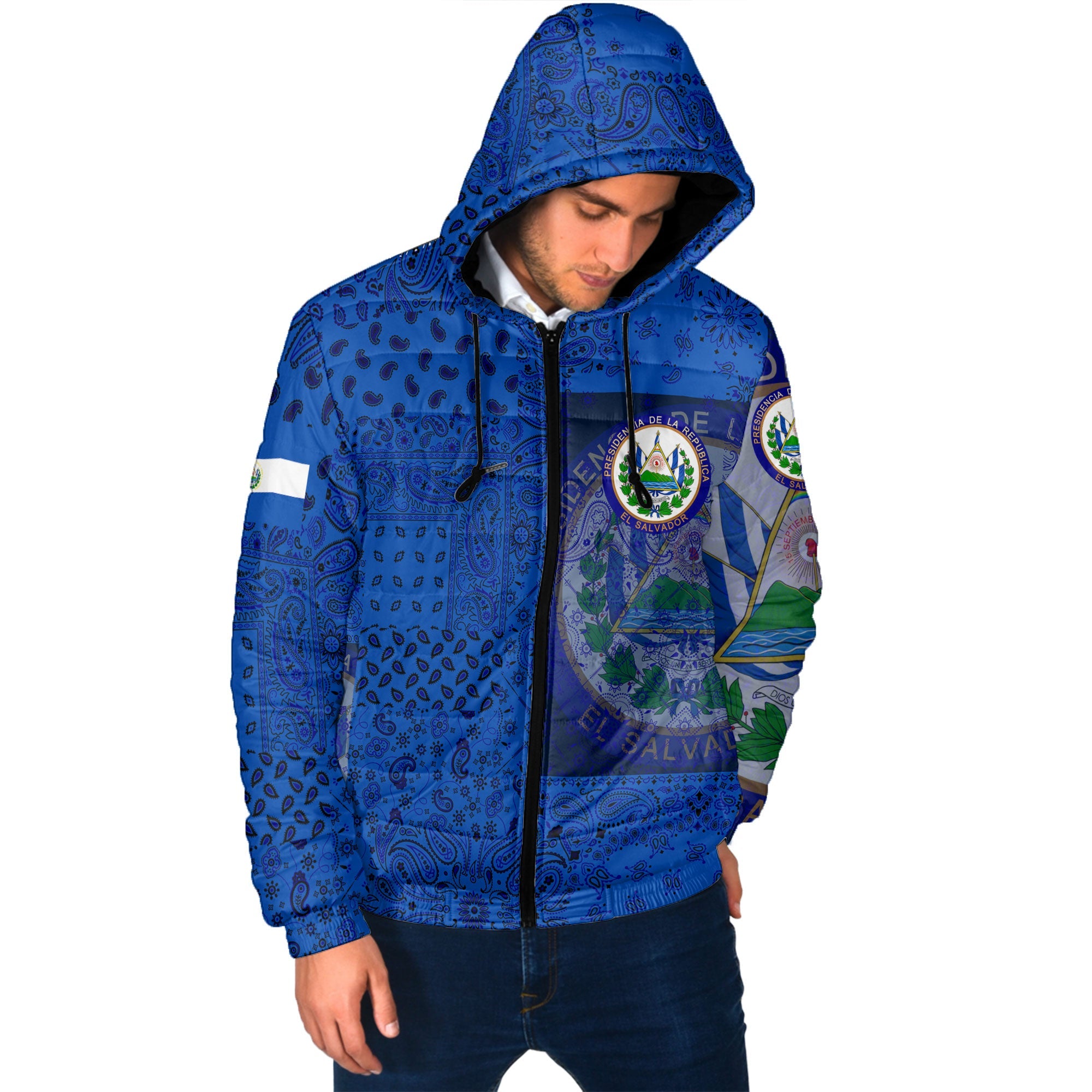 El Salvador Men Hooded Padded Jacket Paisley Flag And Skull Style 2