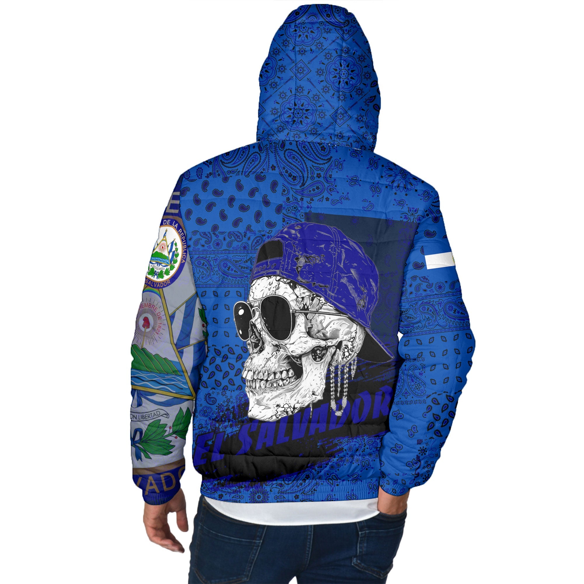 El Salvador Men Hooded Padded Jacket Paisley Flag And Skull Style 3