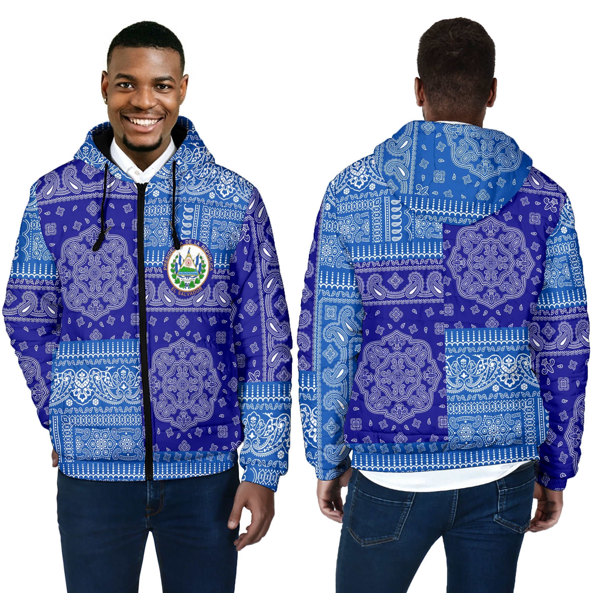 El Salvador Men Hooded Padded Jacket Flag And Paisley Basic Style 4