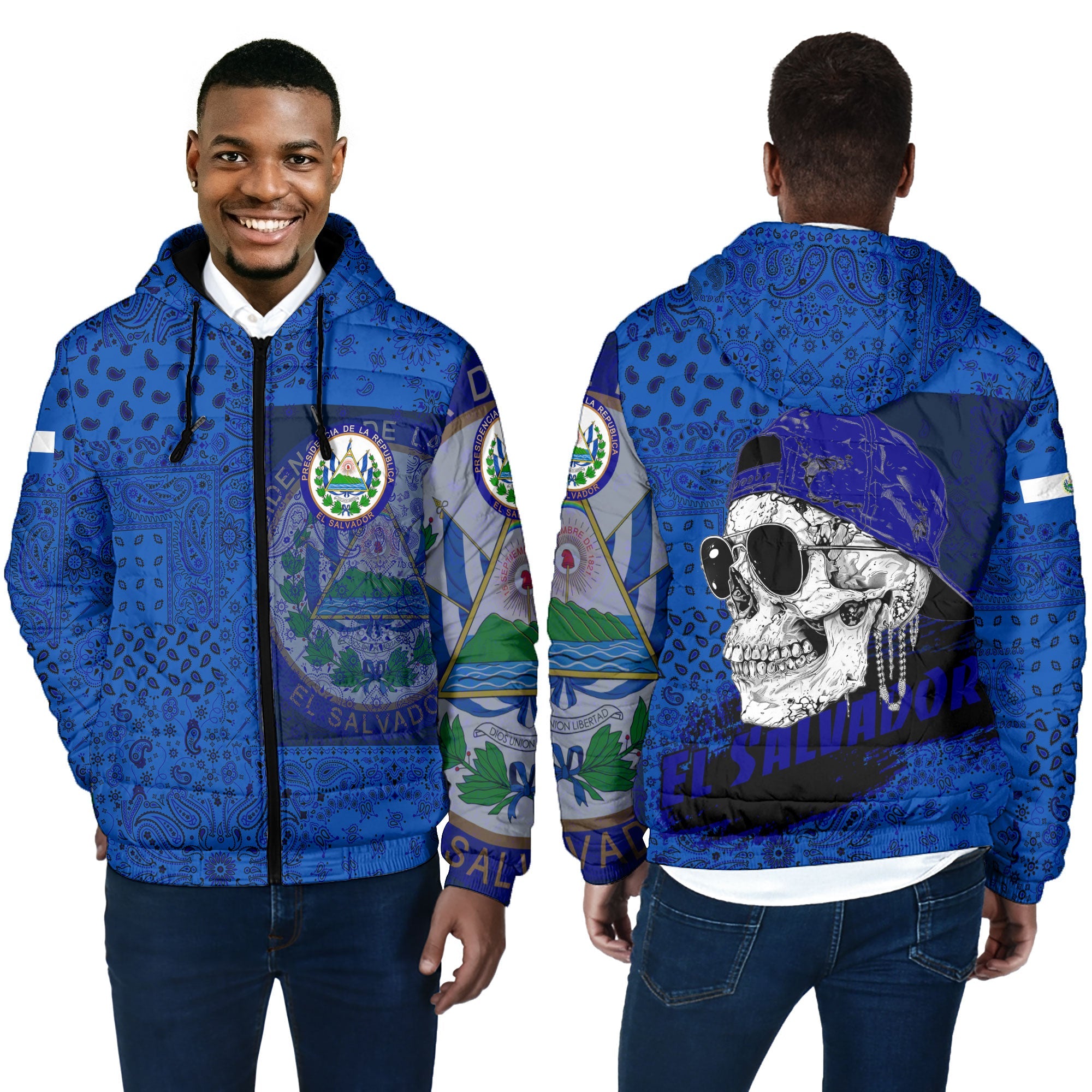 El Salvador Men Hooded Padded Jacket Paisley Flag And Skull Style 4