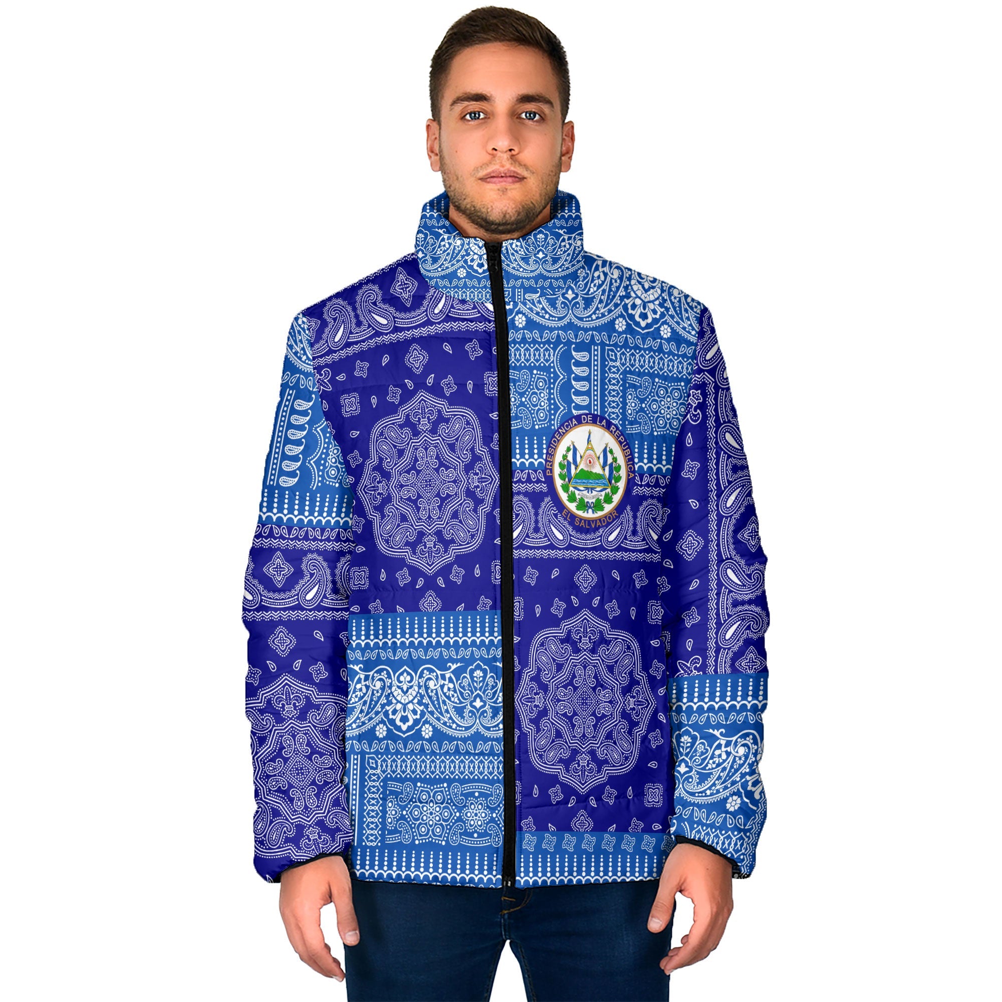 El Salvador Men Padded Jacket Flag And Paisley Basic Style 1