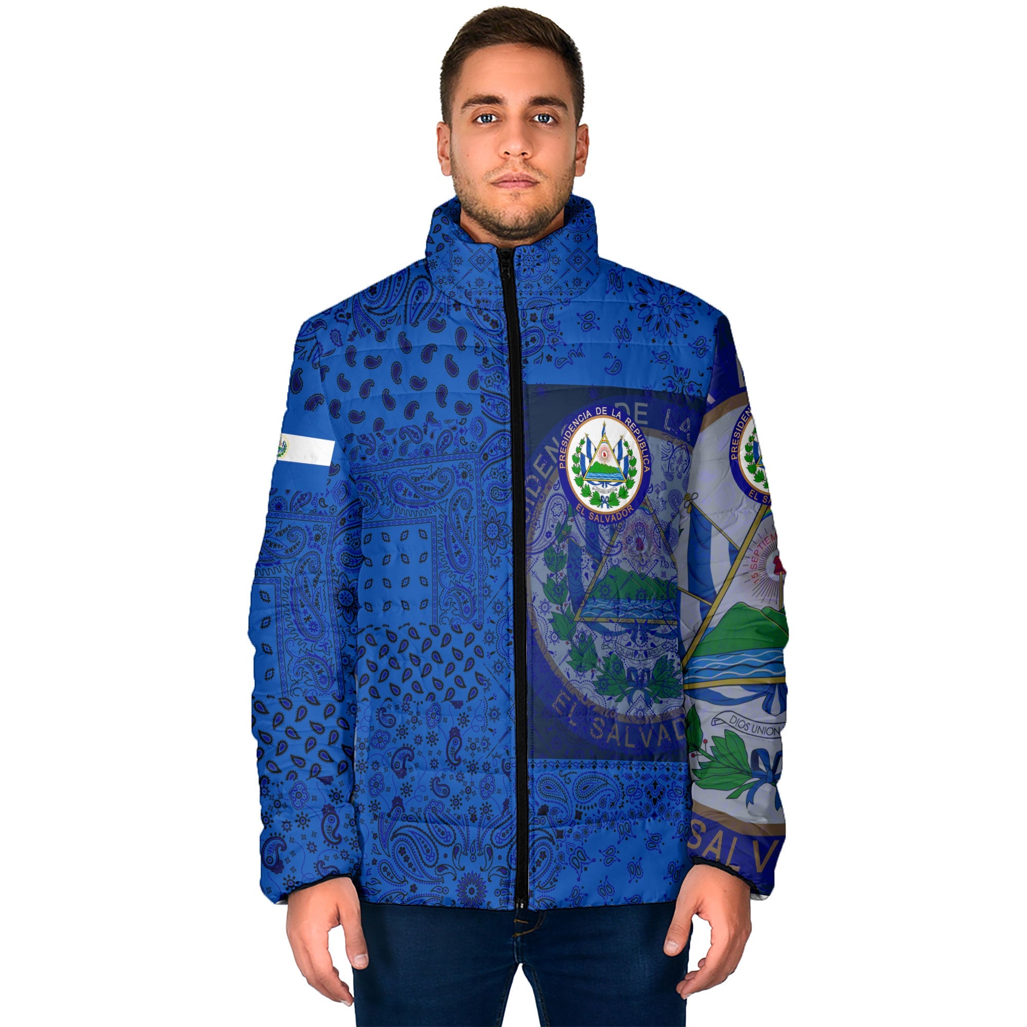 El Salvador Men Padded Jacket Paisley Flag And Skull Style 1