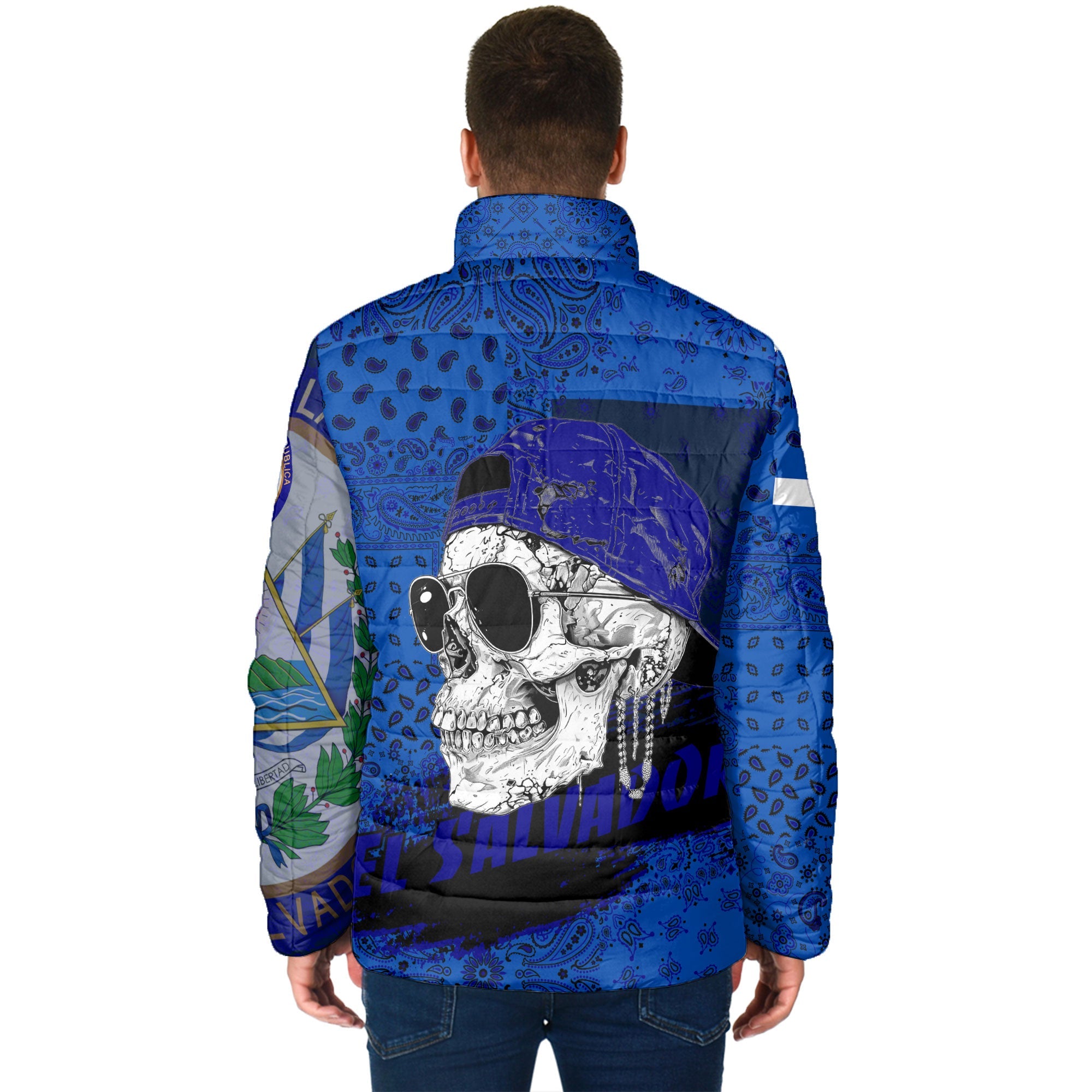 El Salvador Men Padded Jacket Paisley Flag And Skull Style 2