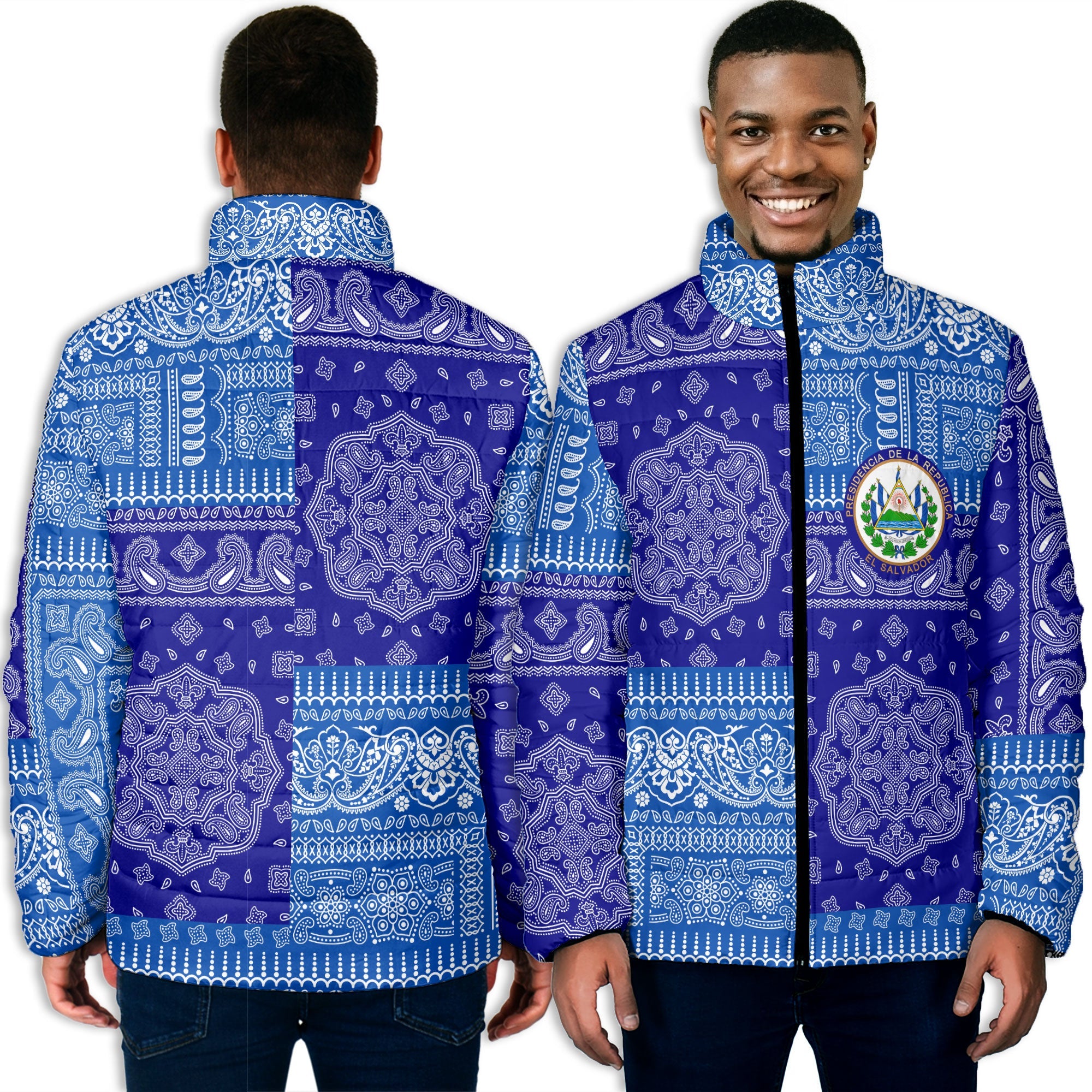 El Salvador Men Padded Jacket Flag And Paisley Basic Style 3