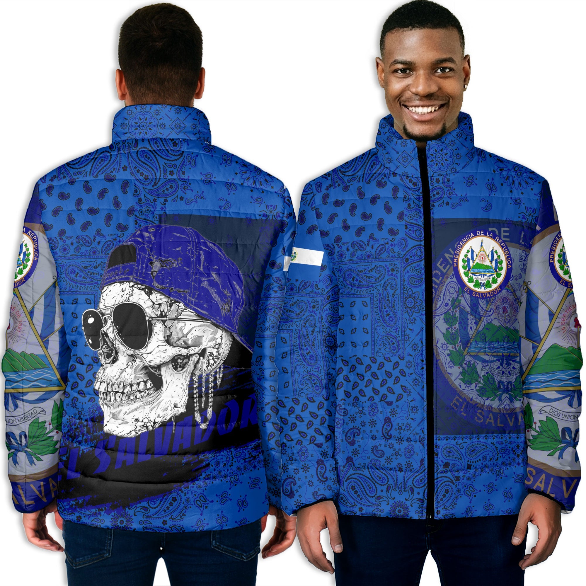 El Salvador Men Padded Jacket Paisley Flag And Skull Style 3