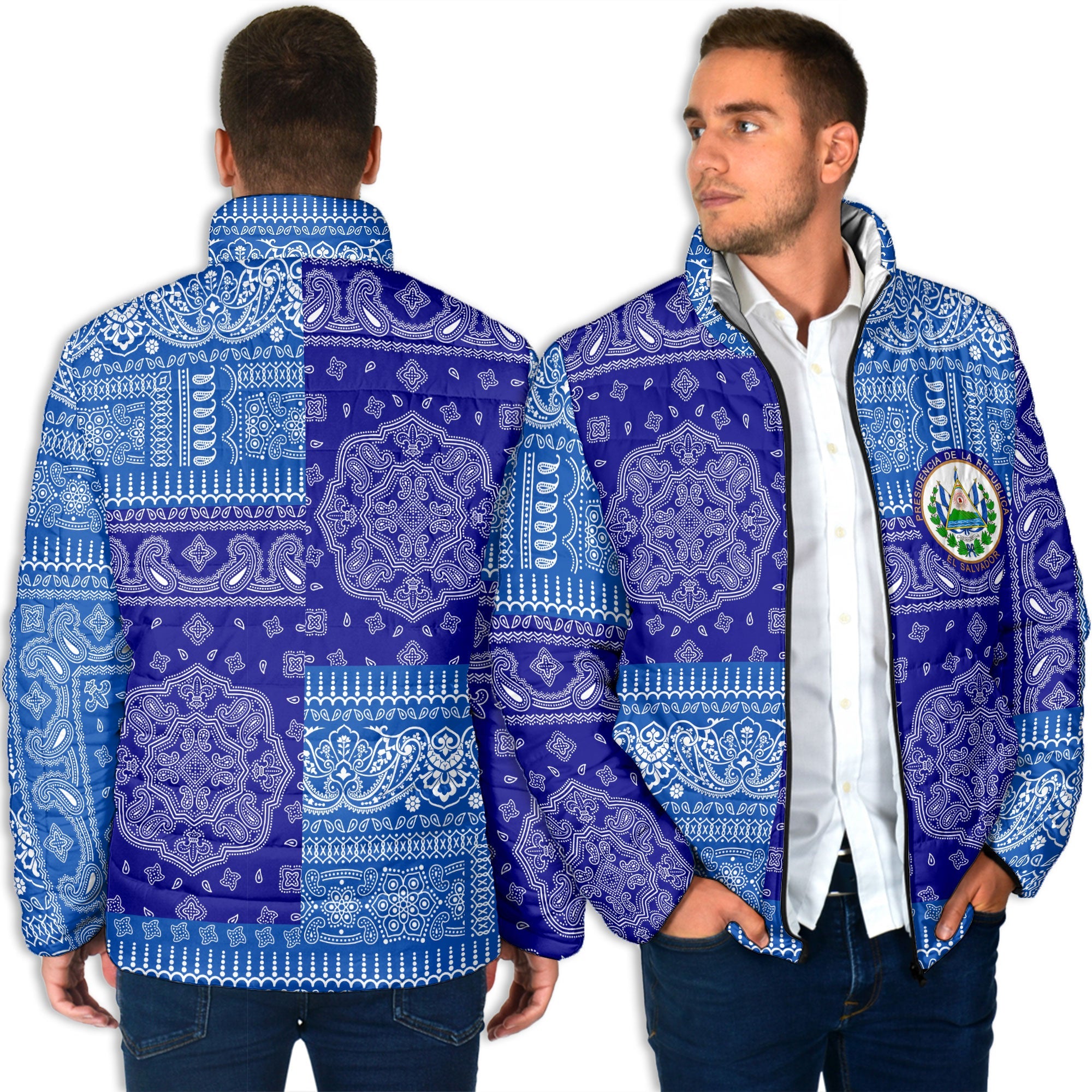 El Salvador Men Padded Jacket Flag And Paisley Basic Style 4