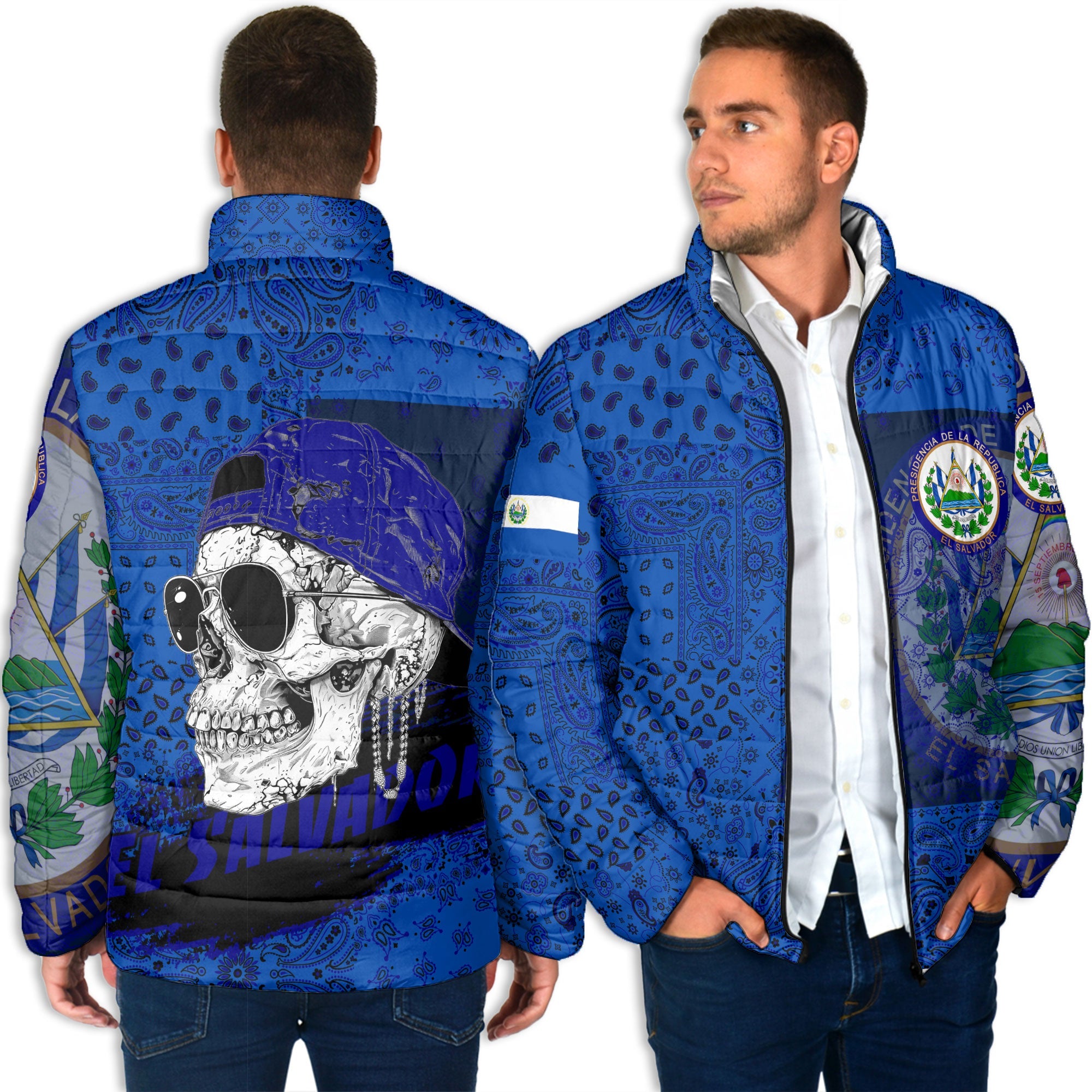 El Salvador Men Padded Jacket Paisley Flag And Skull Style 4