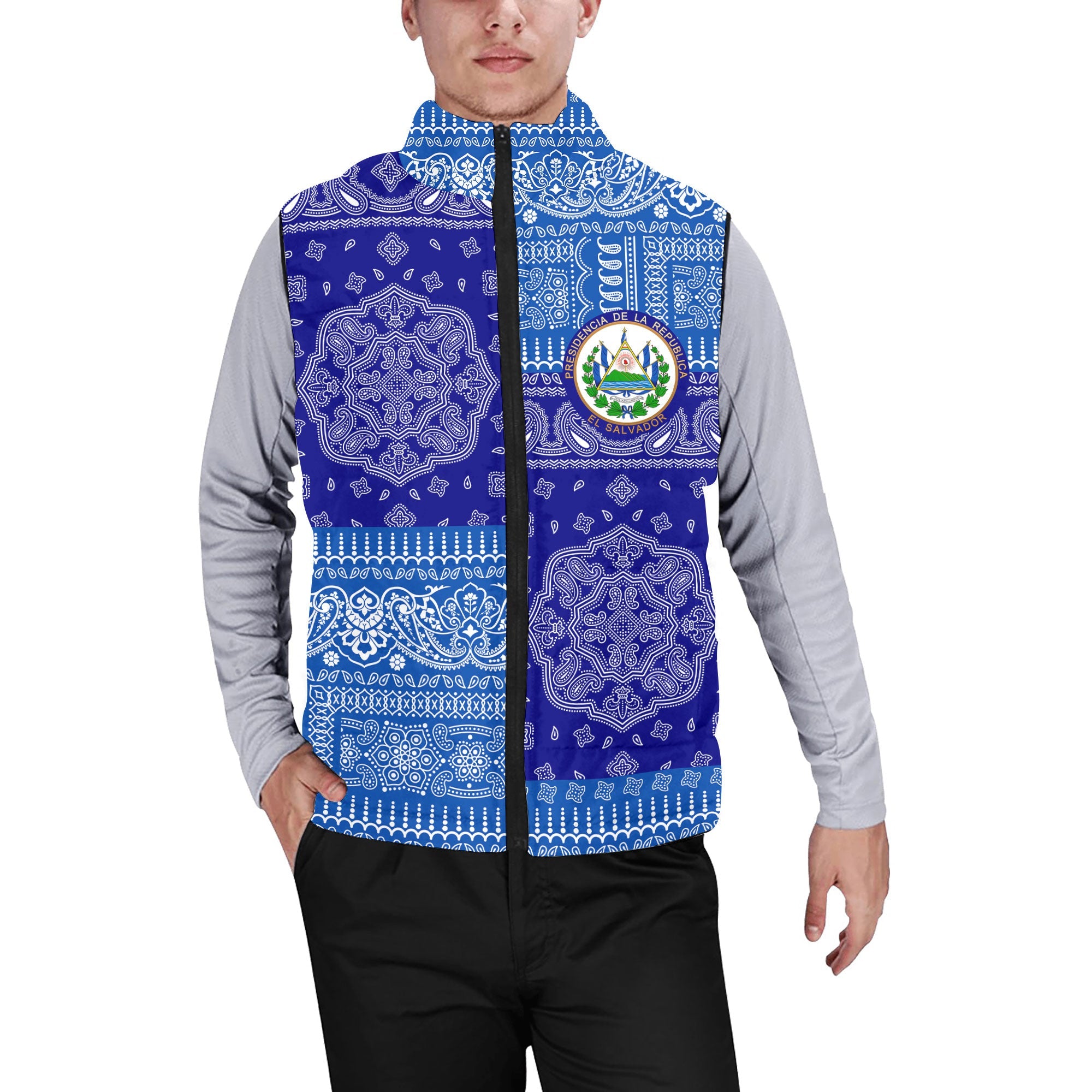 El Salvador Men Padded Jacket Vest Flag And Paisley Basic Style 1