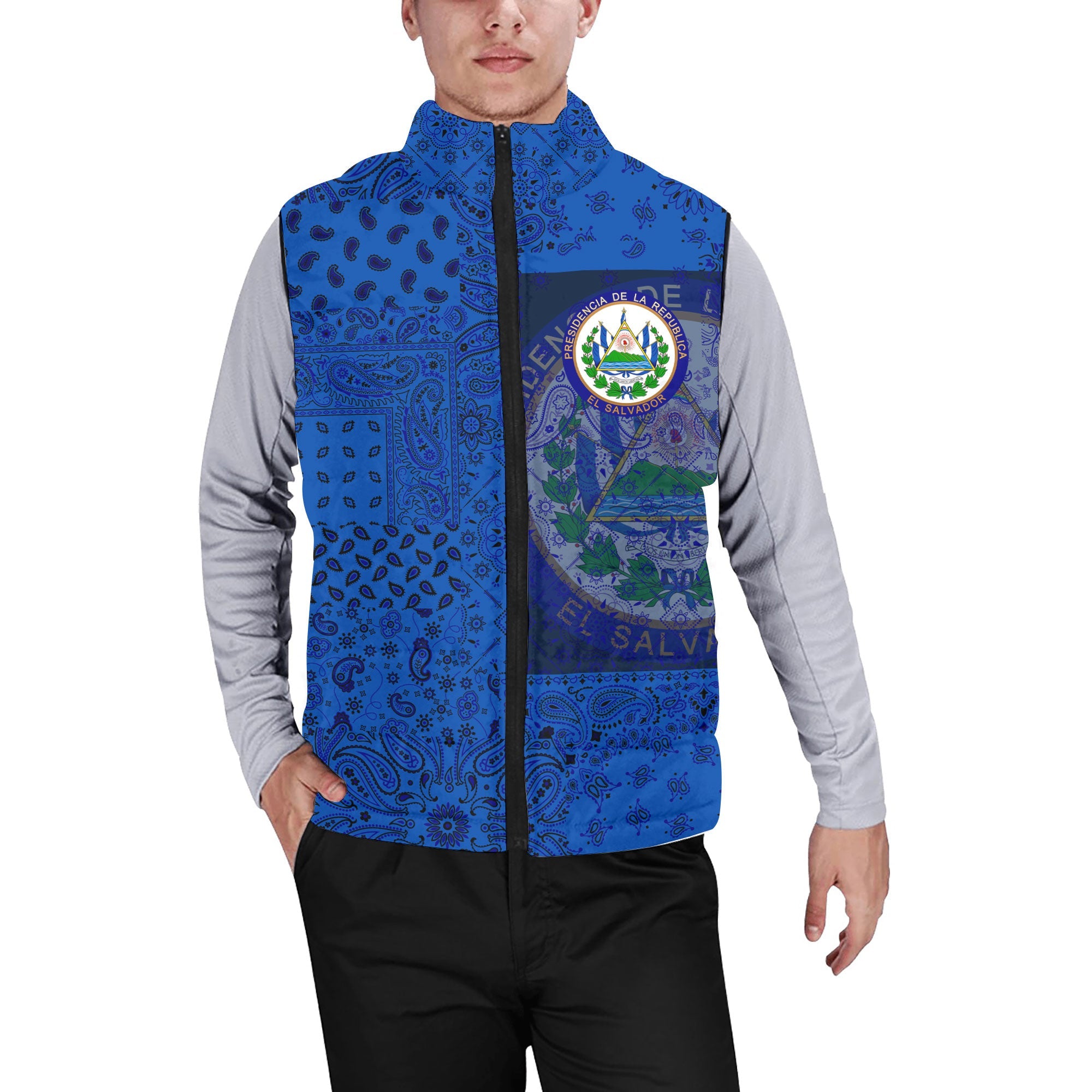 El Salvador Men Padded Jacket Vest Paisley Flag And Skull Style 1