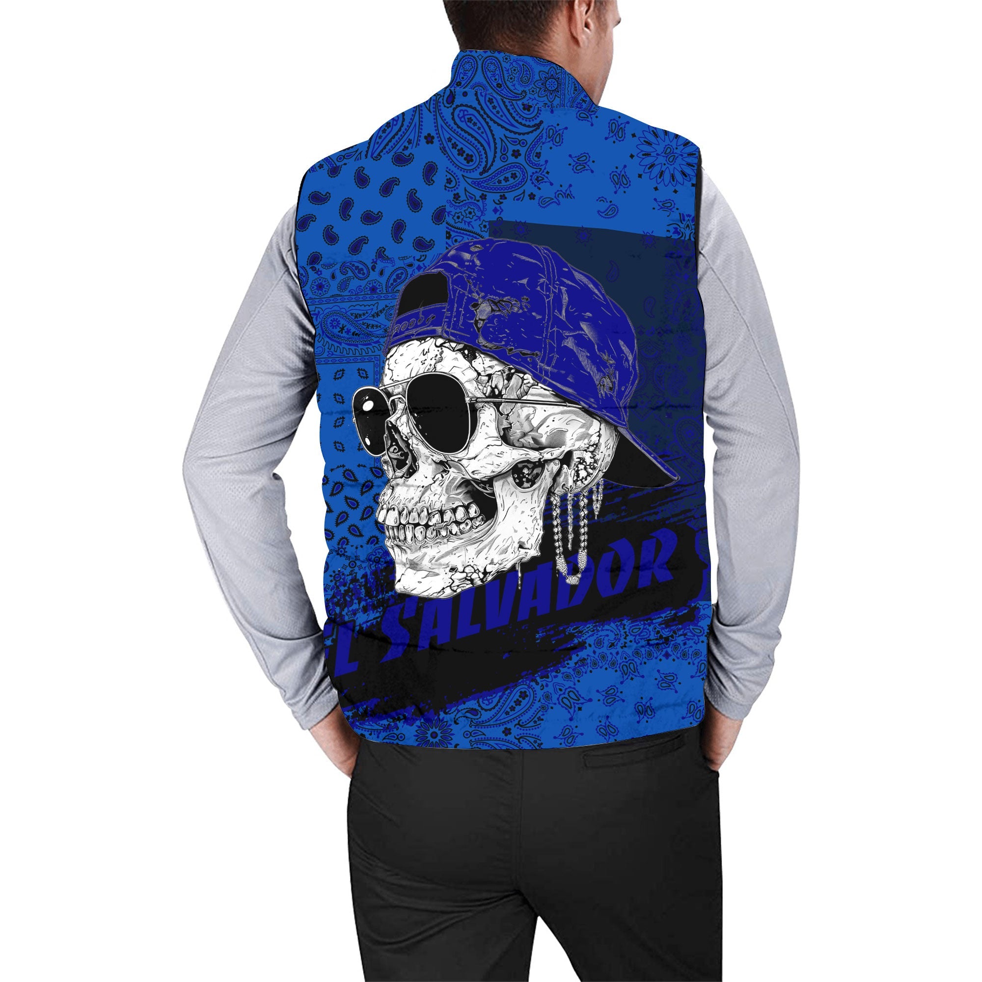 El Salvador Men Padded Jacket Vest Paisley Flag And Skull Style 2