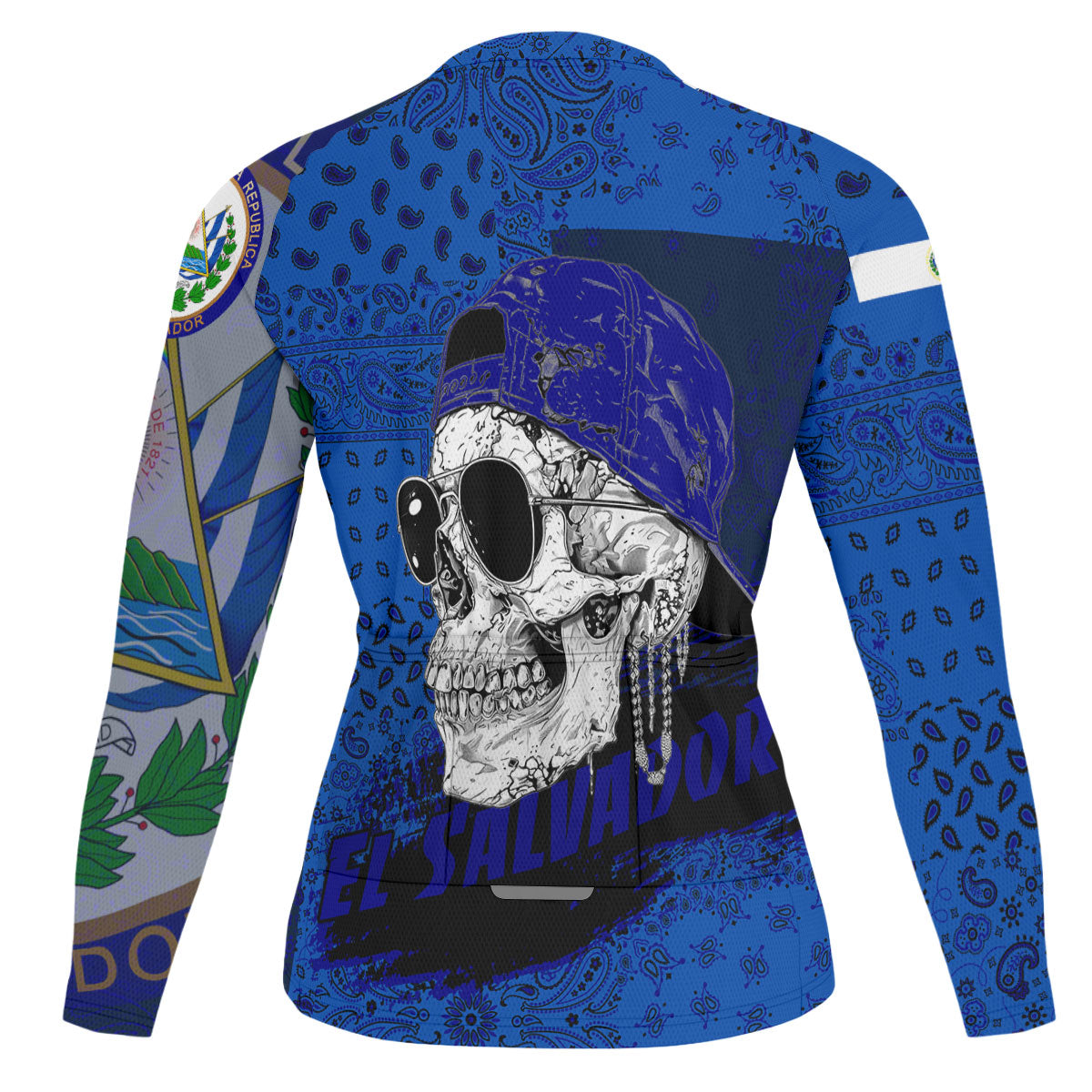 El Salvador Raglan Men Cycling Jersey Long Sleeve Paisley Flag And Skull Style 2