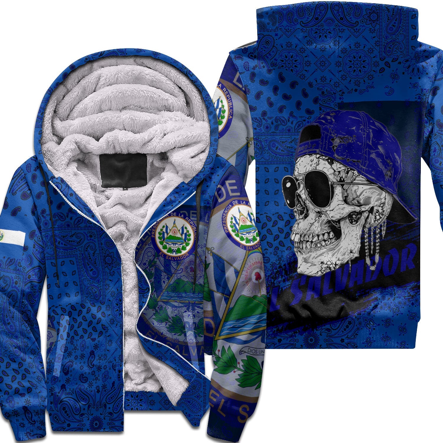 El Salvador Sherpa Hoodie Paisley Flag And Skull Style 1