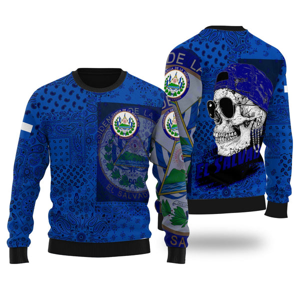 El Salvador Ugly Sweater Paisley Flag And Skull Style 1