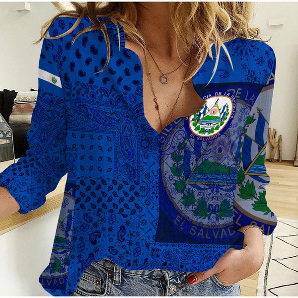 El Salvador Women Casual Shirt Paisley Flag And Skull Style 1