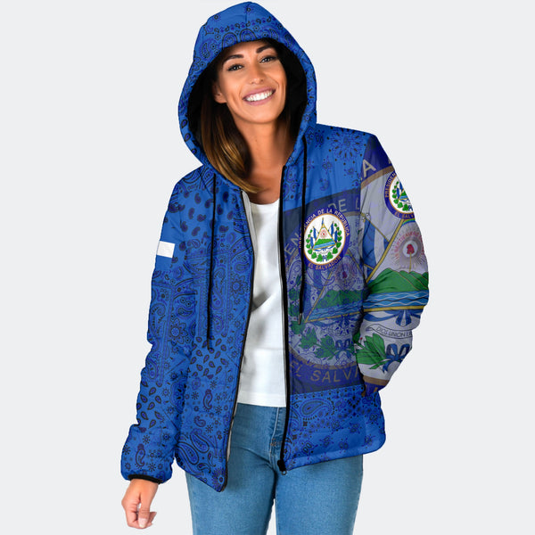 El Salvador Women Hooded Padded Jacket Paisley Flag And Skull Style 1