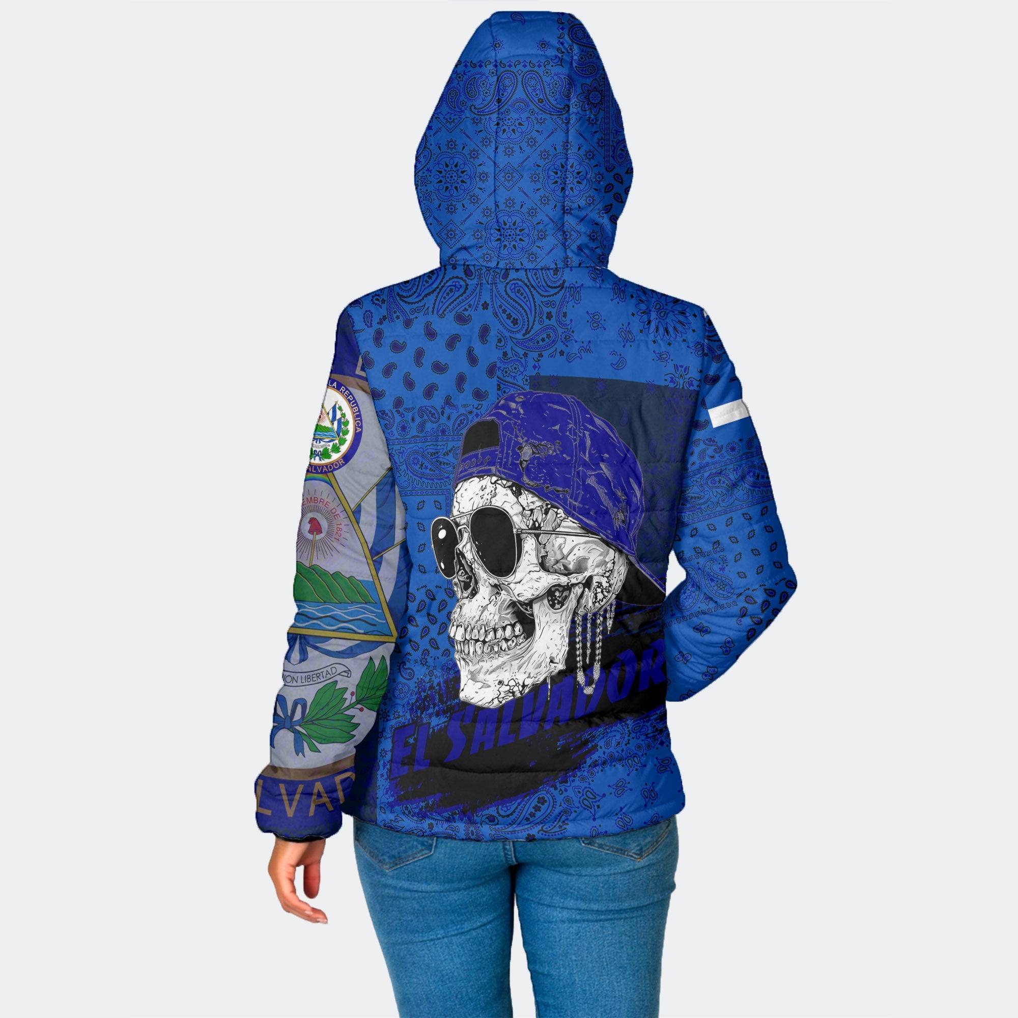 El Salvador Women Hooded Padded Jacket Paisley Flag And Skull Style 2