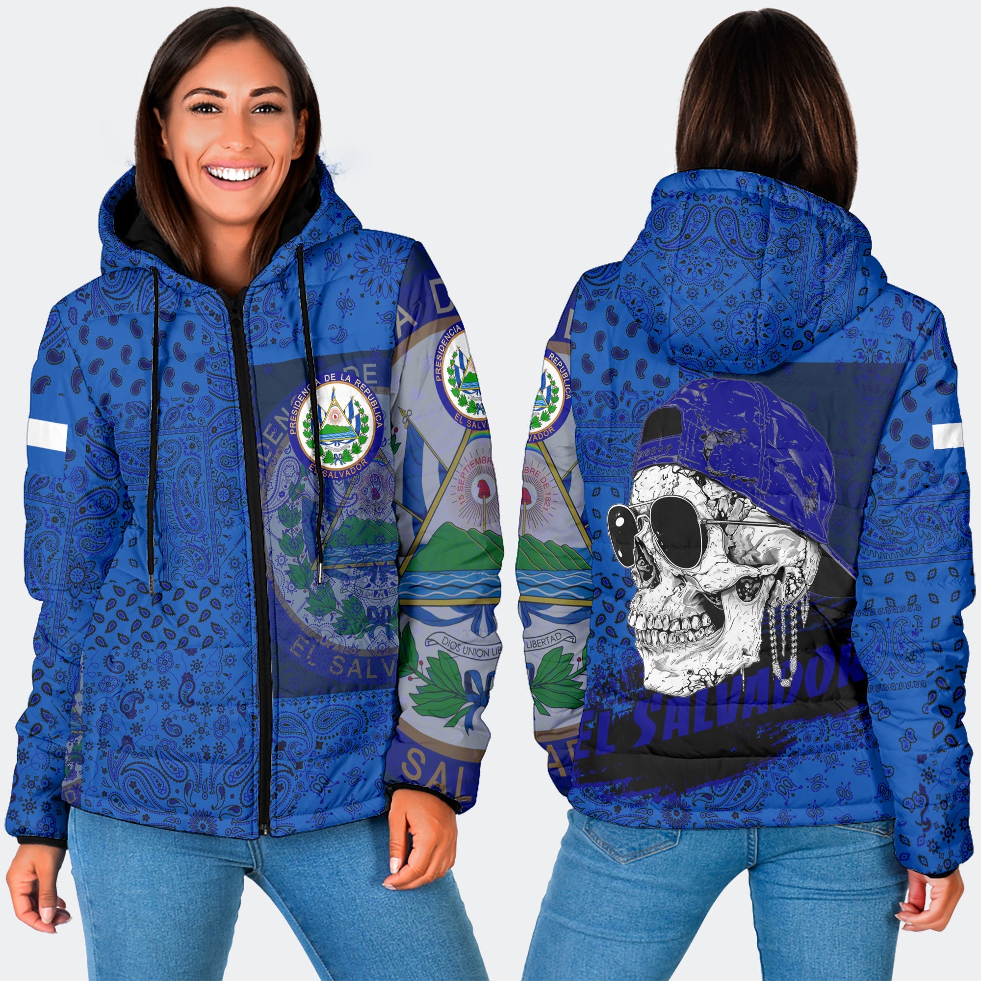 El Salvador Women Hooded Padded Jacket Paisley Flag And Skull Style 3