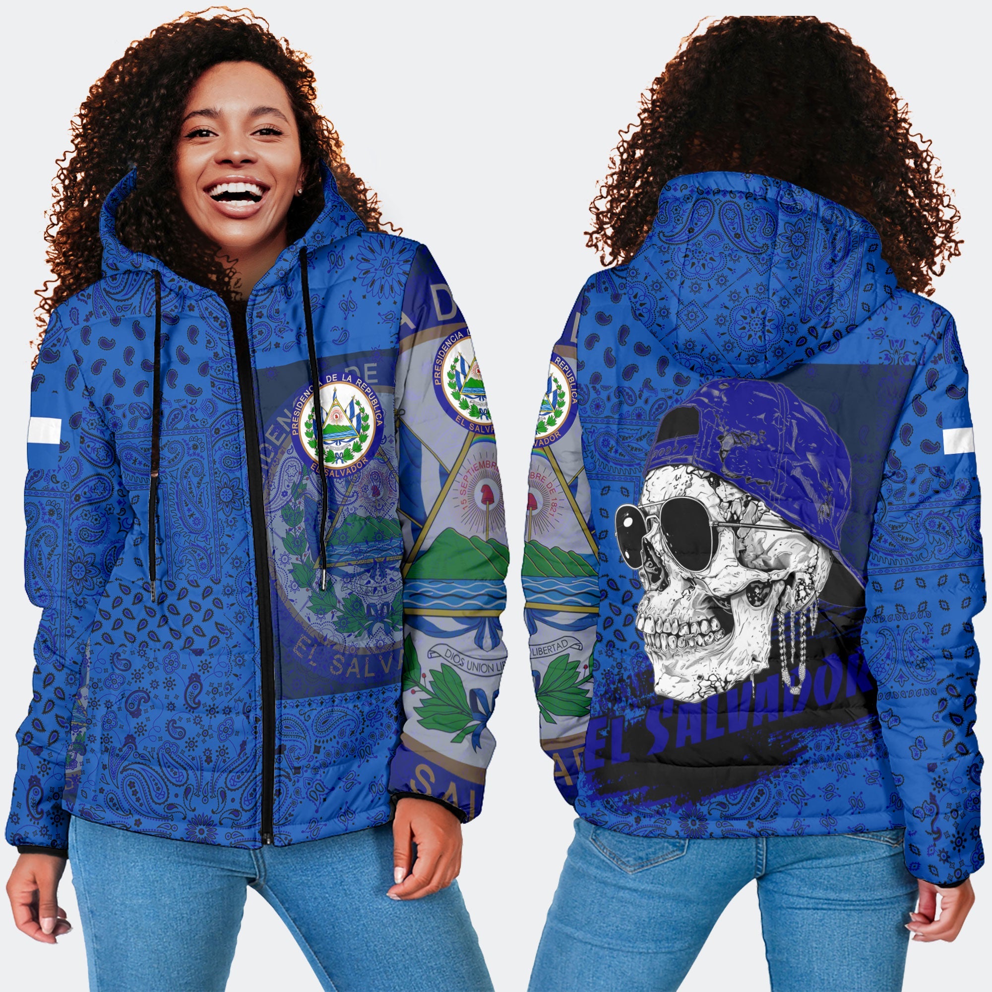 El Salvador Women Hooded Padded Jacket Paisley Flag And Skull Style 4