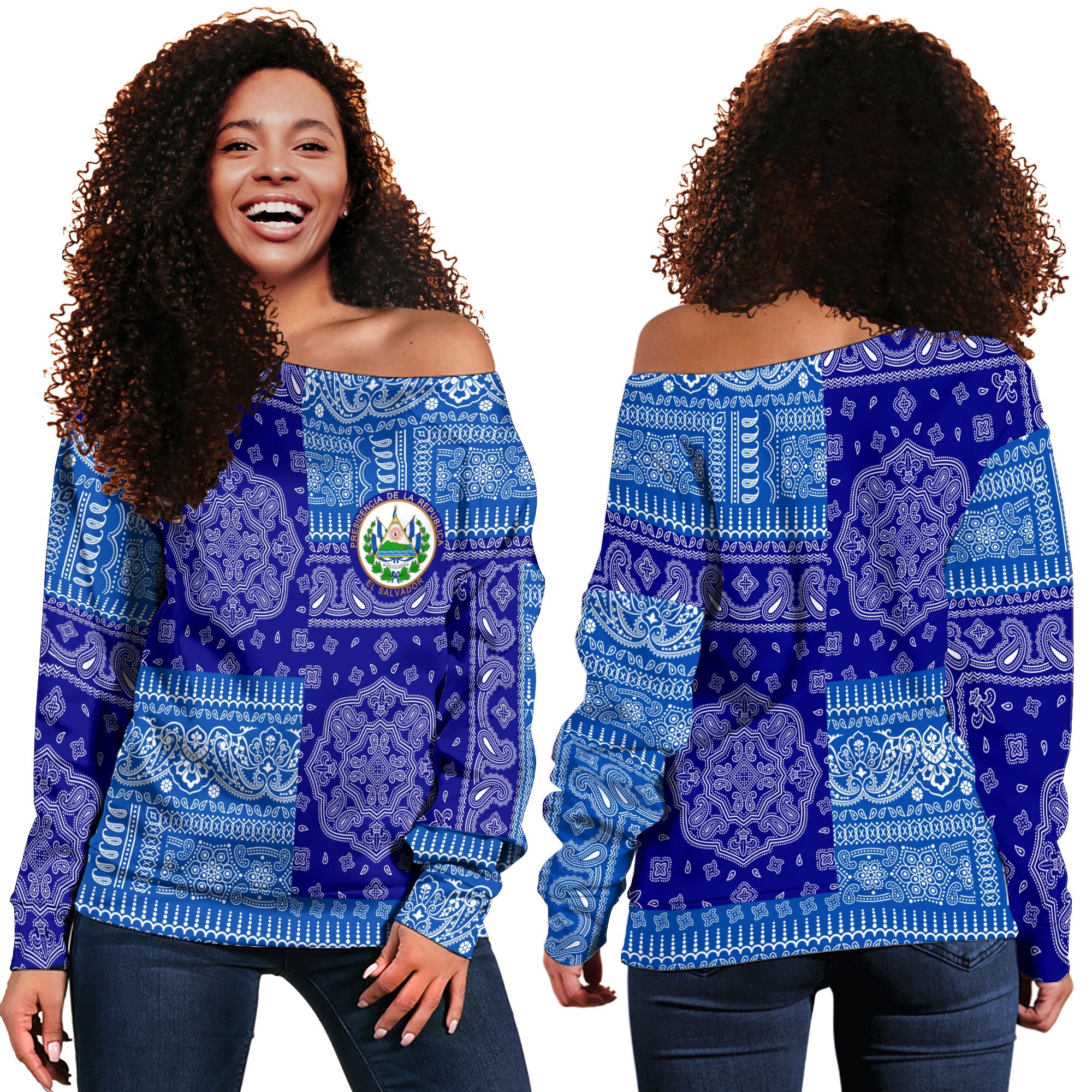 El Salvador Women Off Shoulder Sweatshirt Flag And Paisley Basic Style 1