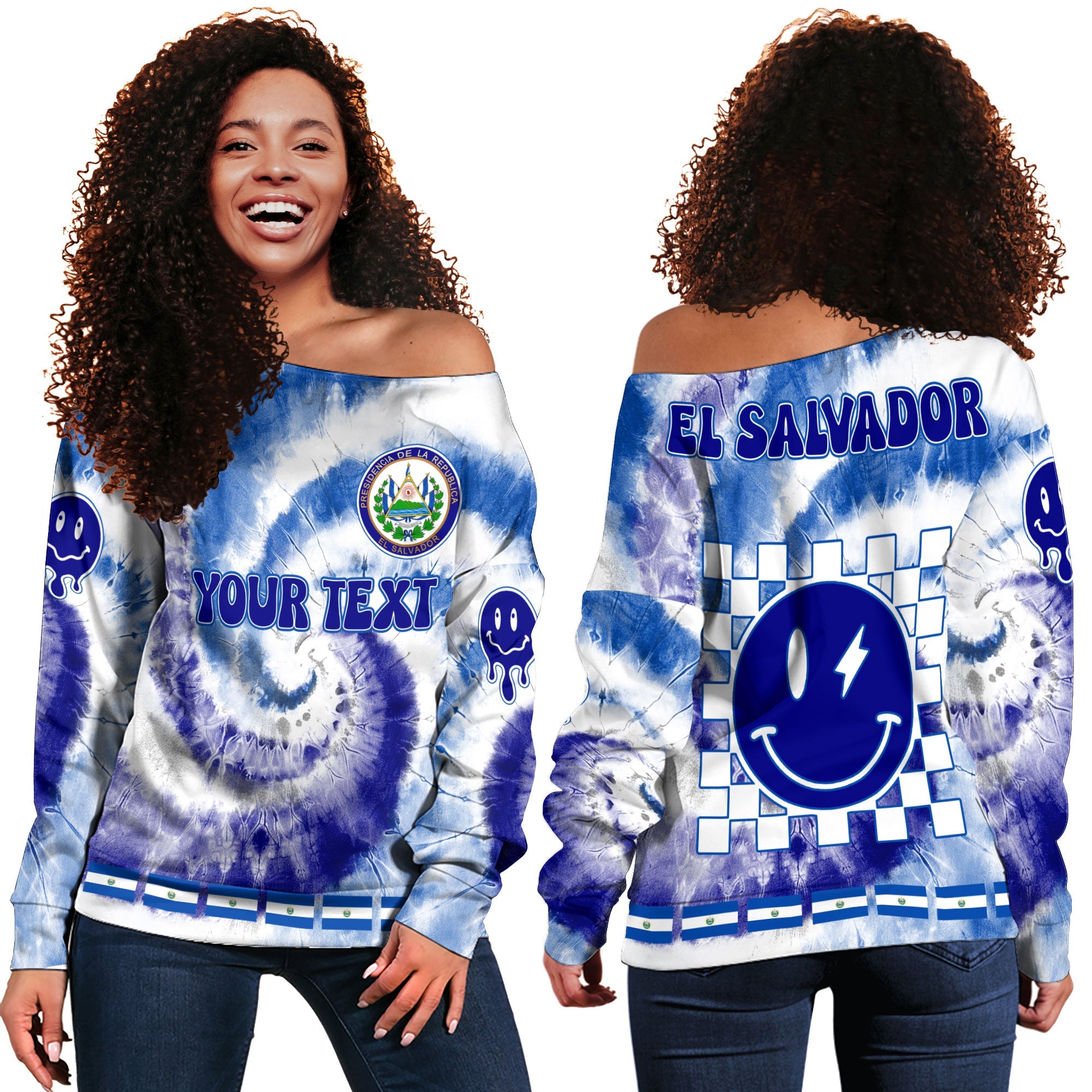 El Salvador Women Off Shoulder Sweatshirt Custom Tie Dye Style 2