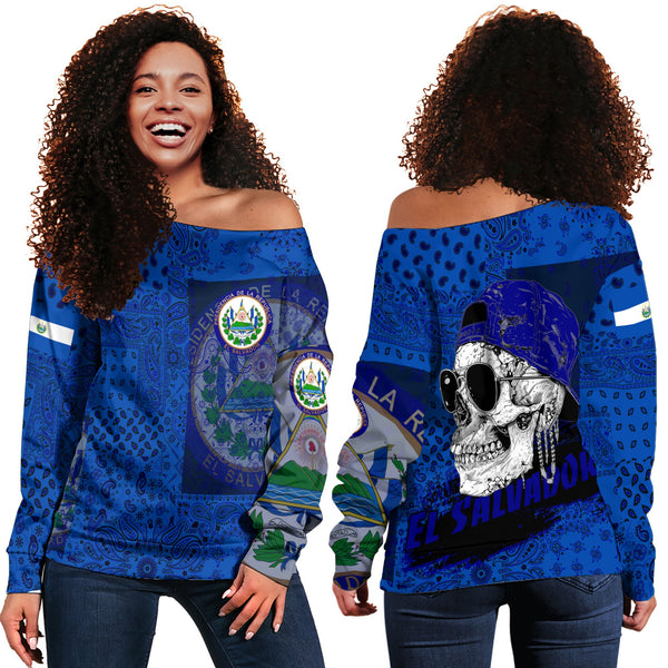 El Salvador Women Off Shoulder Sweatshirt Paisley Flag And Skull Style 1