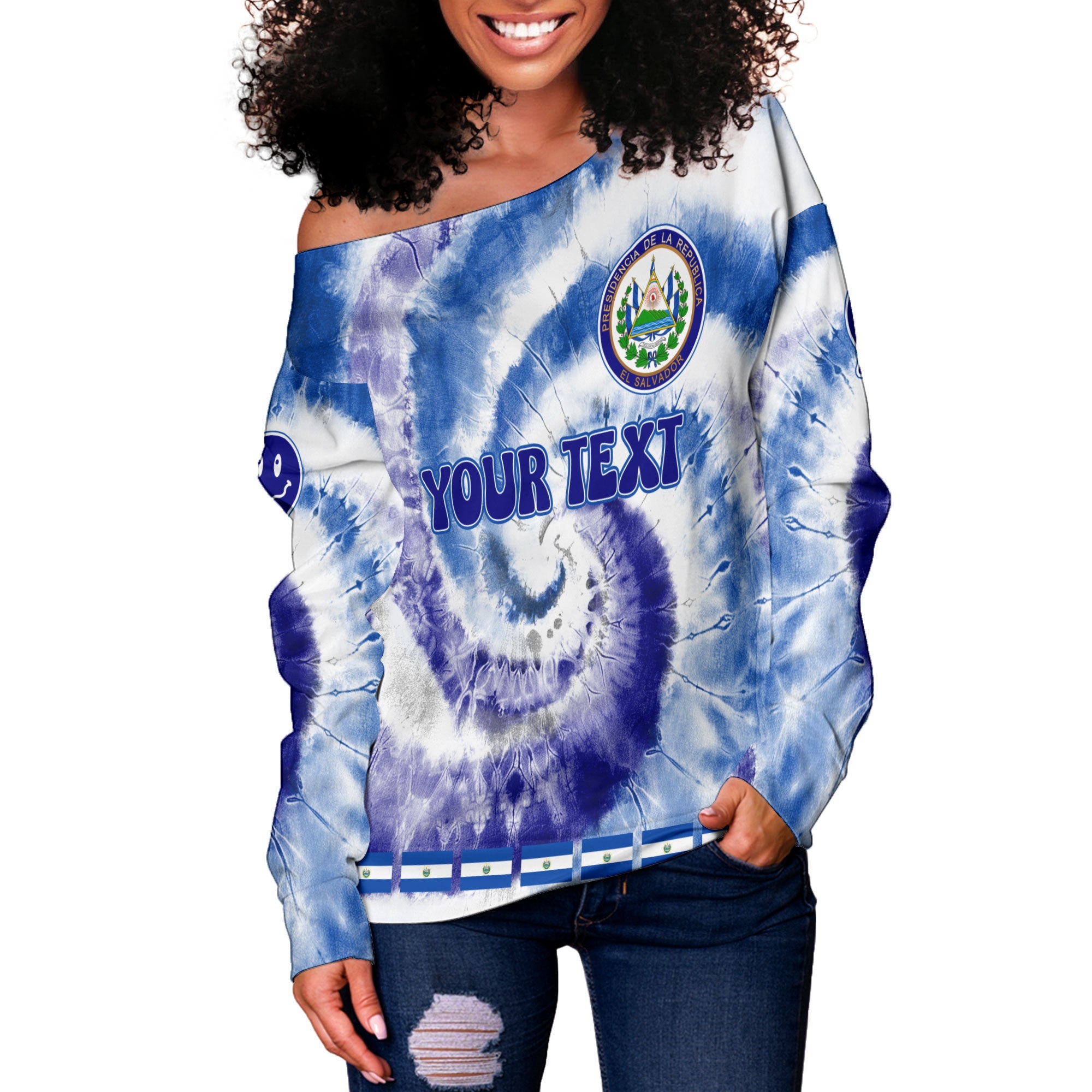 El Salvador Women Off Shoulder Sweatshirt Custom Tie Dye Style 3