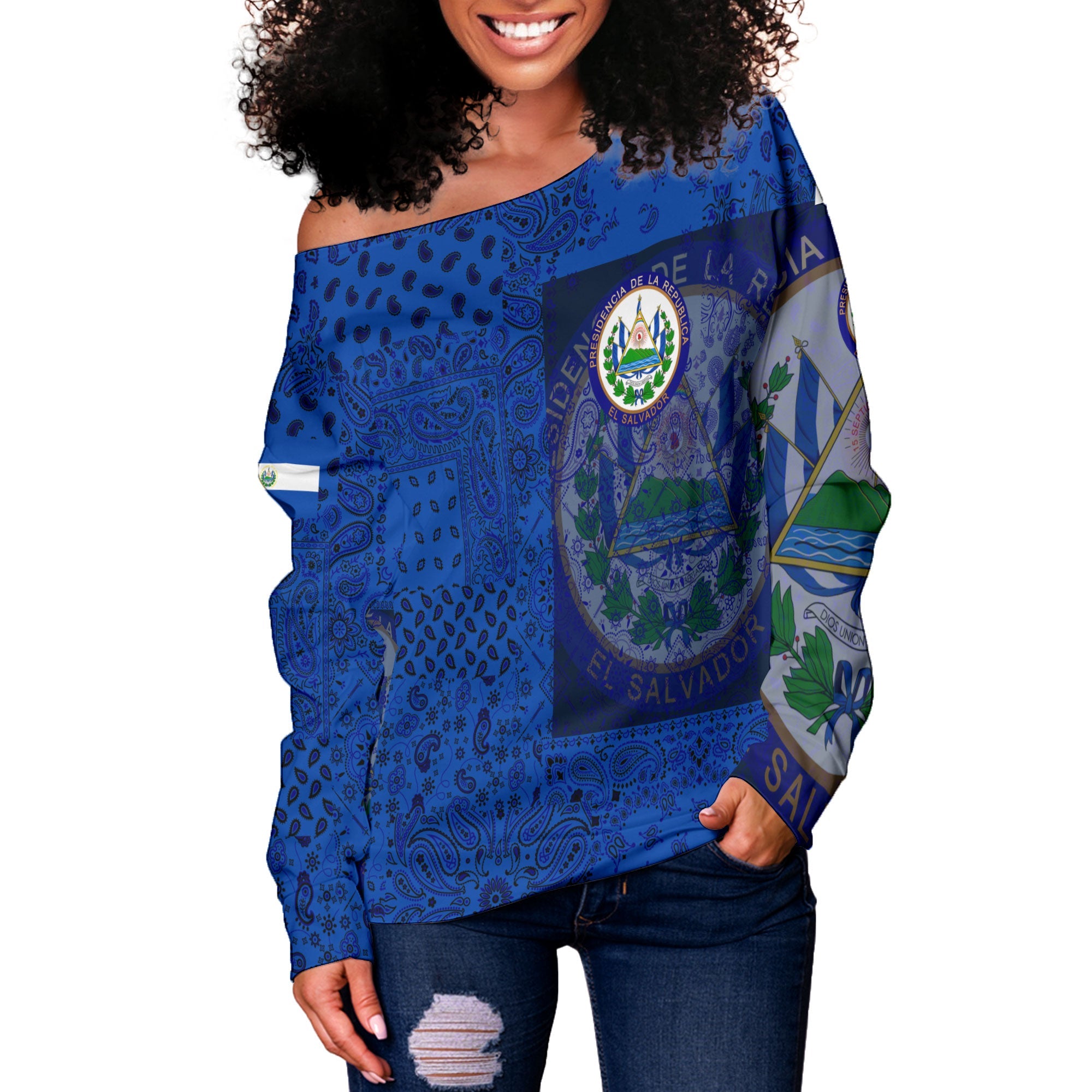 El Salvador Women Off Shoulder Sweatshirt Paisley Flag And Skull Style 2