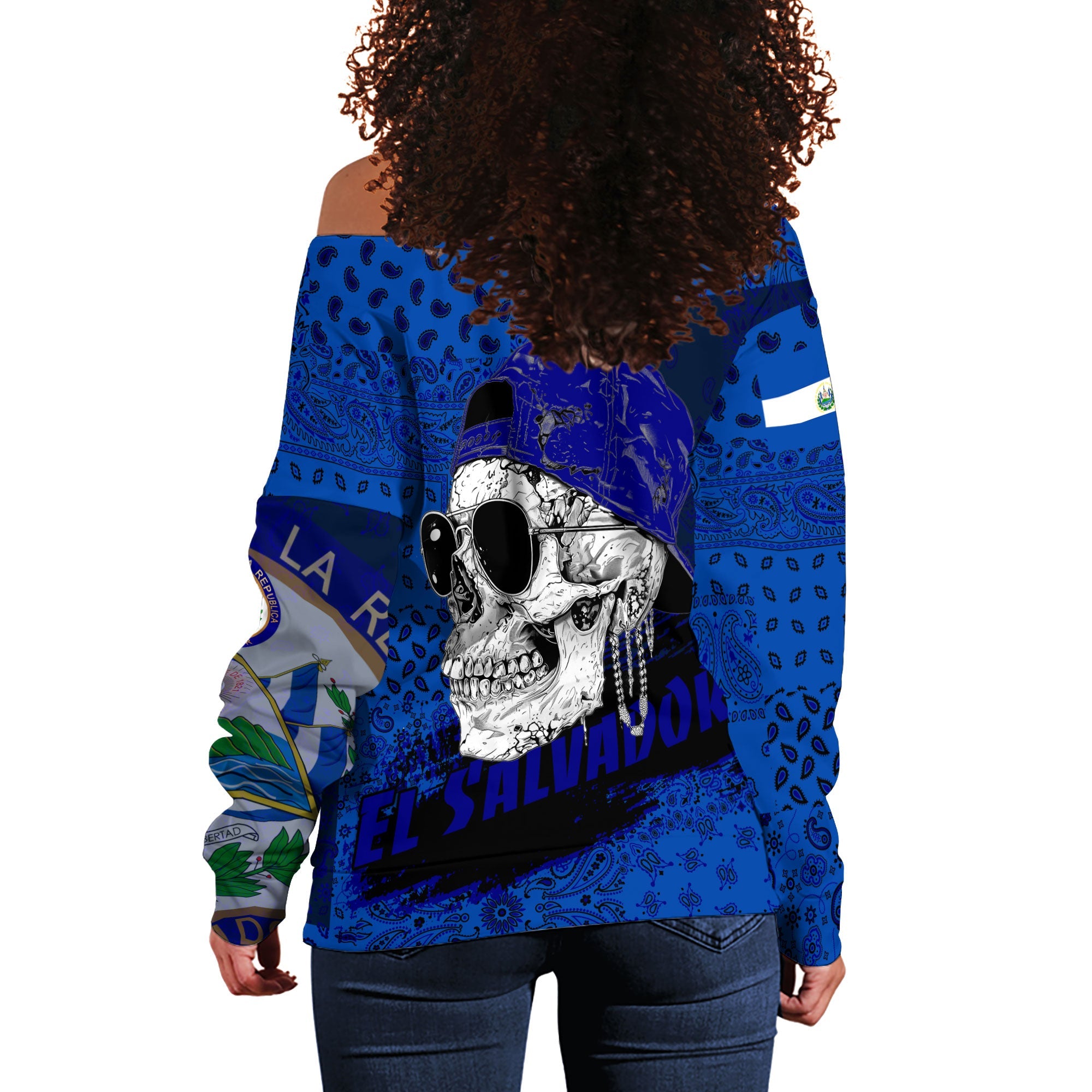 El Salvador Women Off Shoulder Sweatshirt Paisley Flag And Skull Style 3