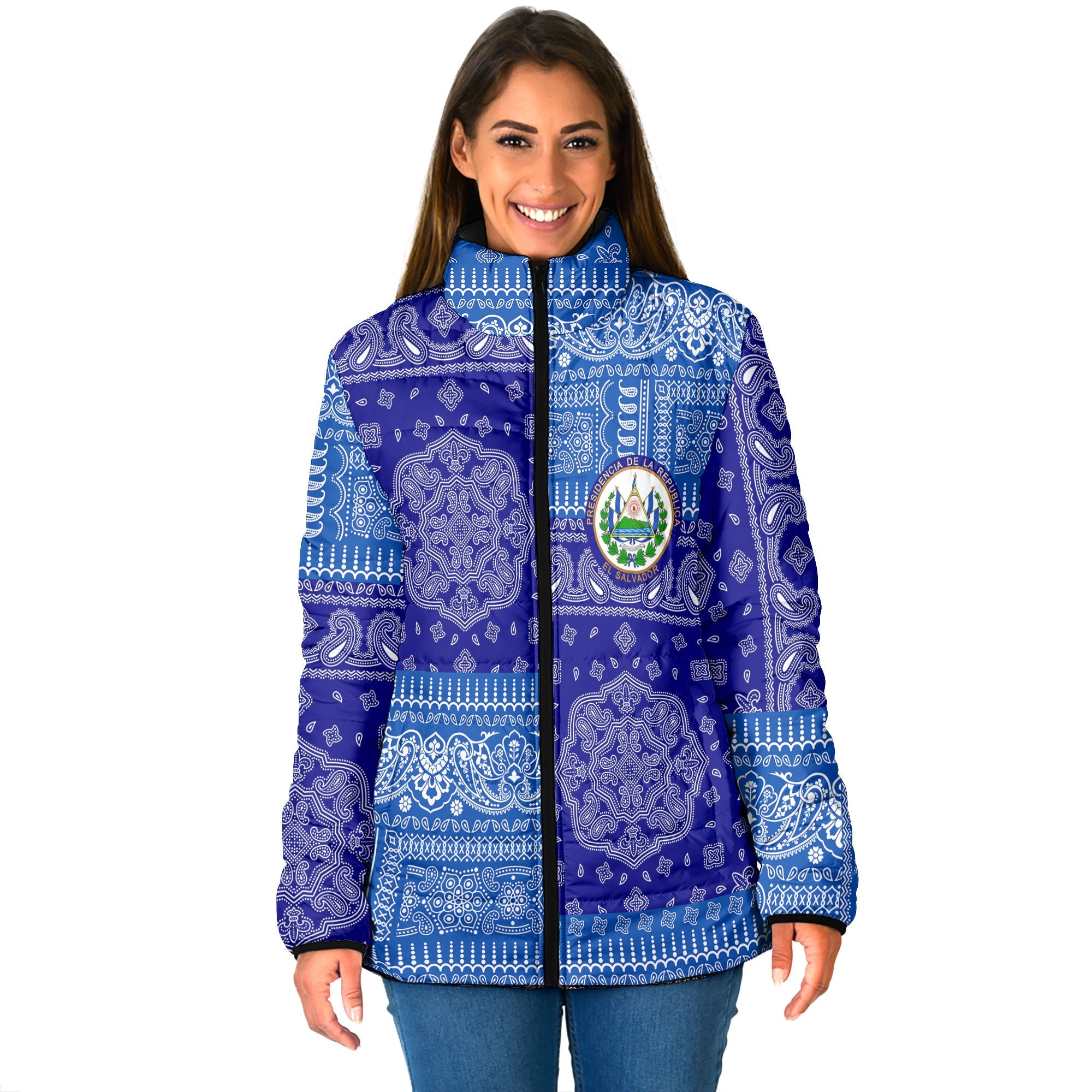 El Salvador Women Padded Jacket Flag And Paisley Basic Style 1