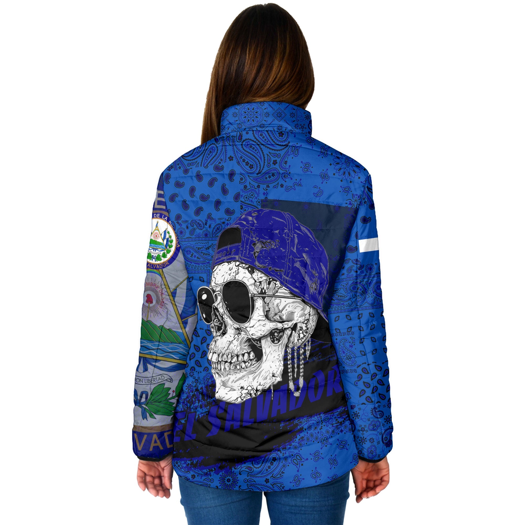 El Salvador Women Padded Jacket Paisley Flag And Skull Style 2