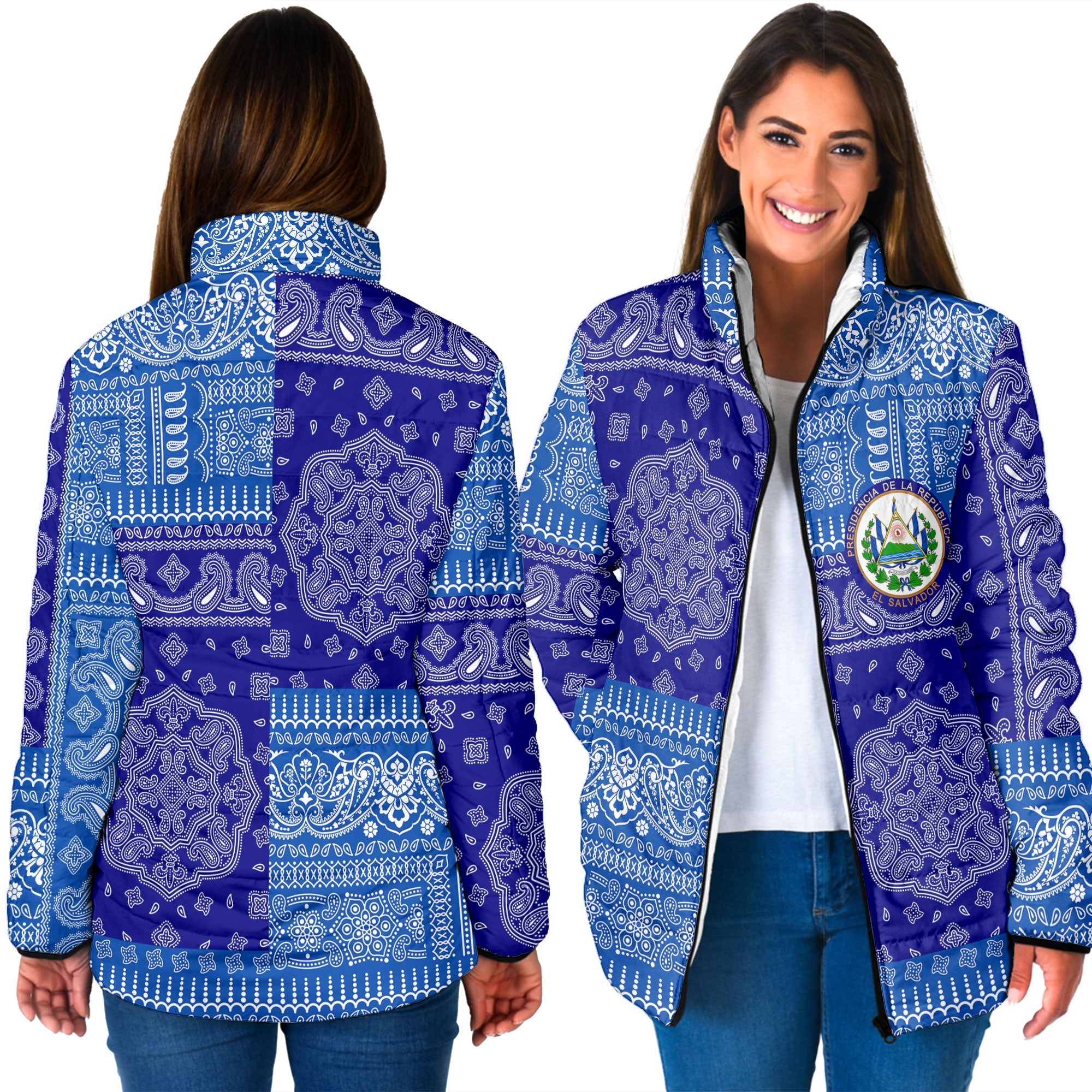 El Salvador Women Padded Jacket Flag And Paisley Basic Style 3