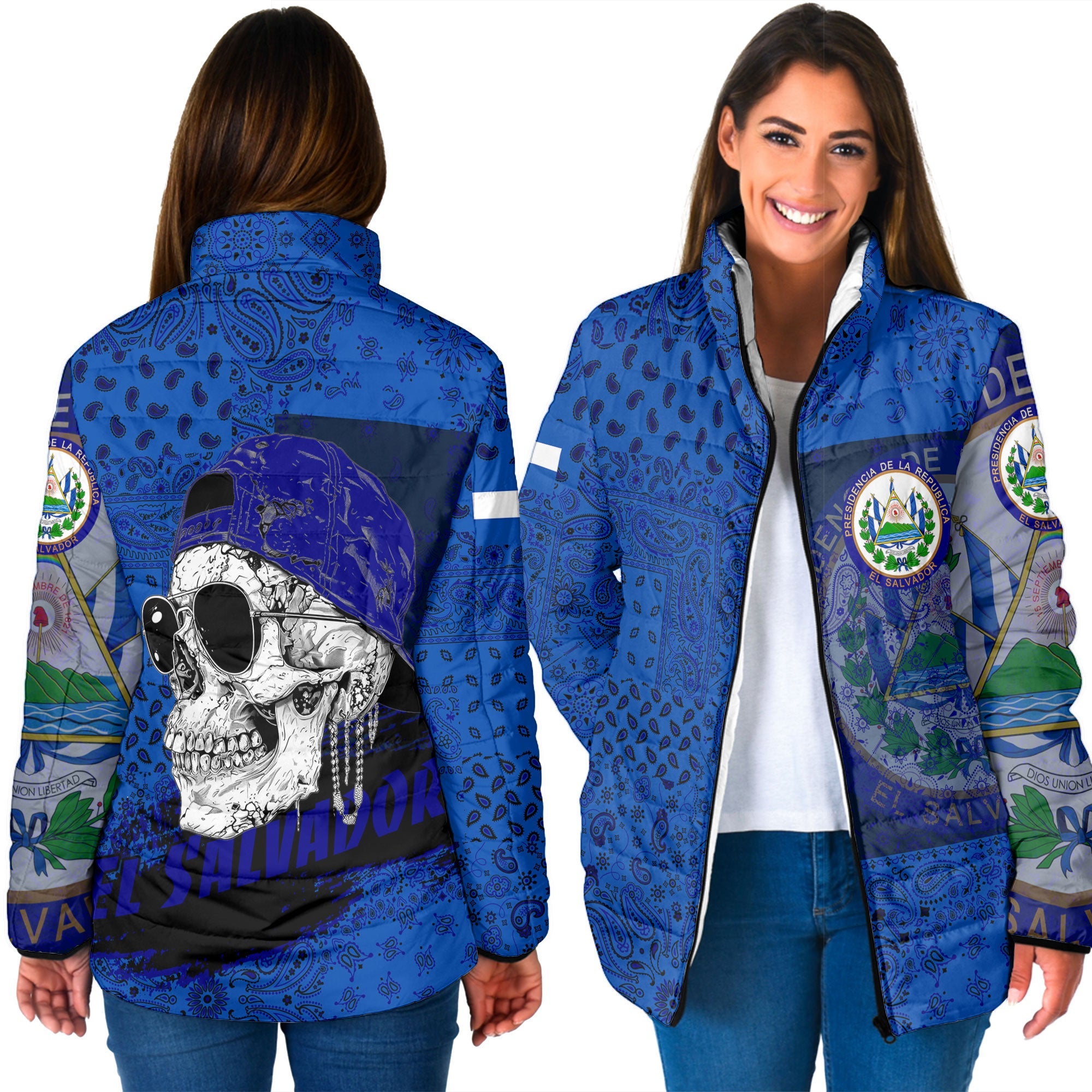 El Salvador Women Padded Jacket Paisley Flag And Skull Style 3