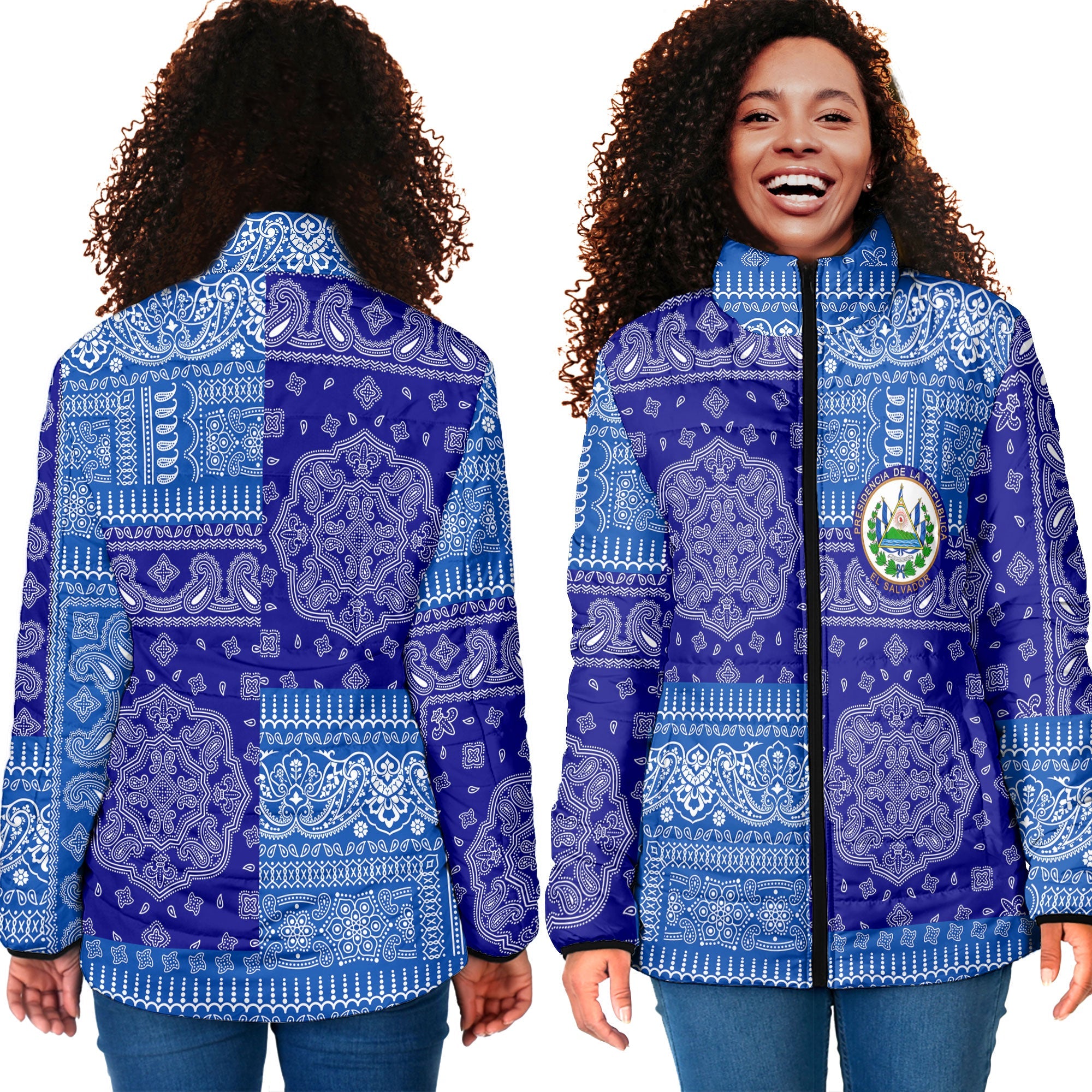 El Salvador Women Padded Jacket Flag And Paisley Basic Style 4