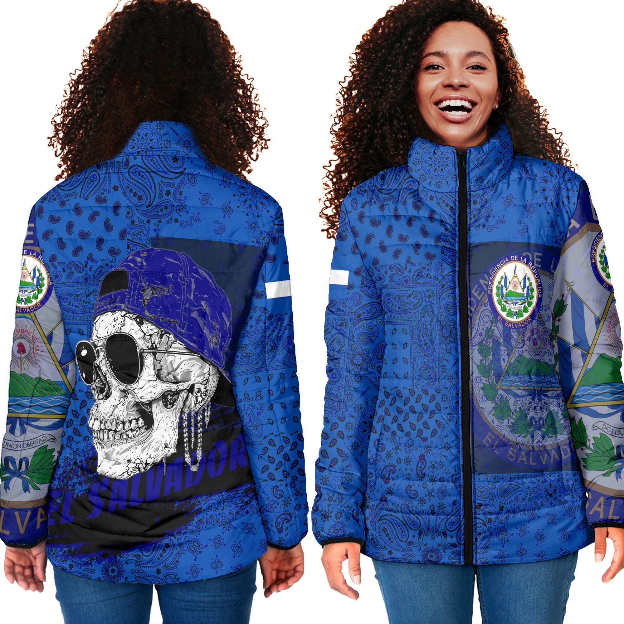 El Salvador Women Padded Jacket Paisley Flag And Skull Style 4