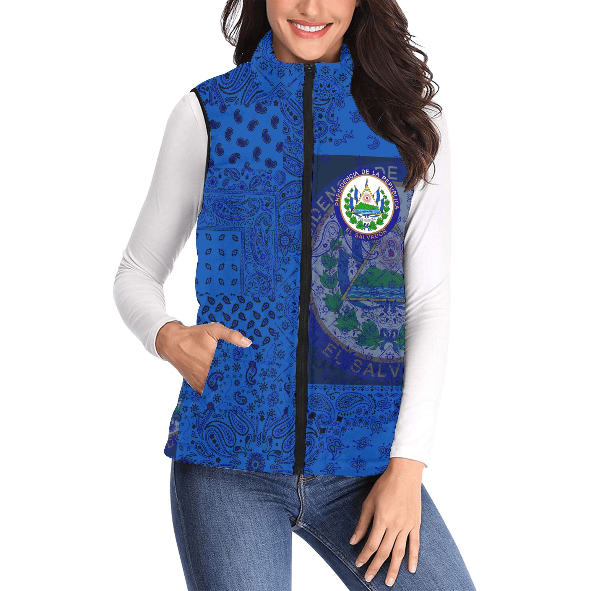 El Salvador Women Padded Jacket Vest Paisley Flag And Skull Style 1